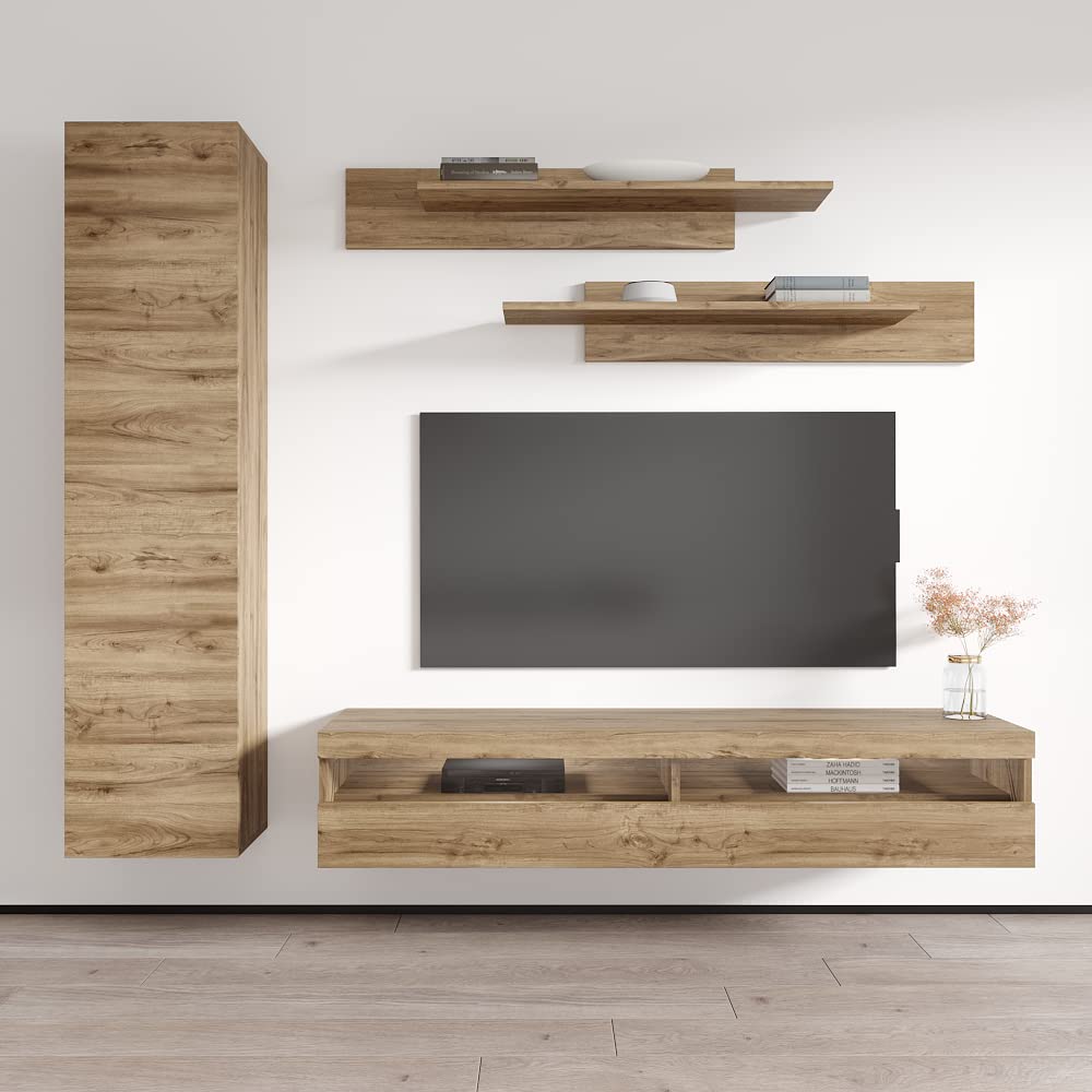 Modern Floating TV Stand with Storage & LED Lights - Wall-Mounted Entertainment Center for Bedroom & Living Room - Oak Wood TV Console with Shelves - Perfect for Small Spaces & Home Theater Setup