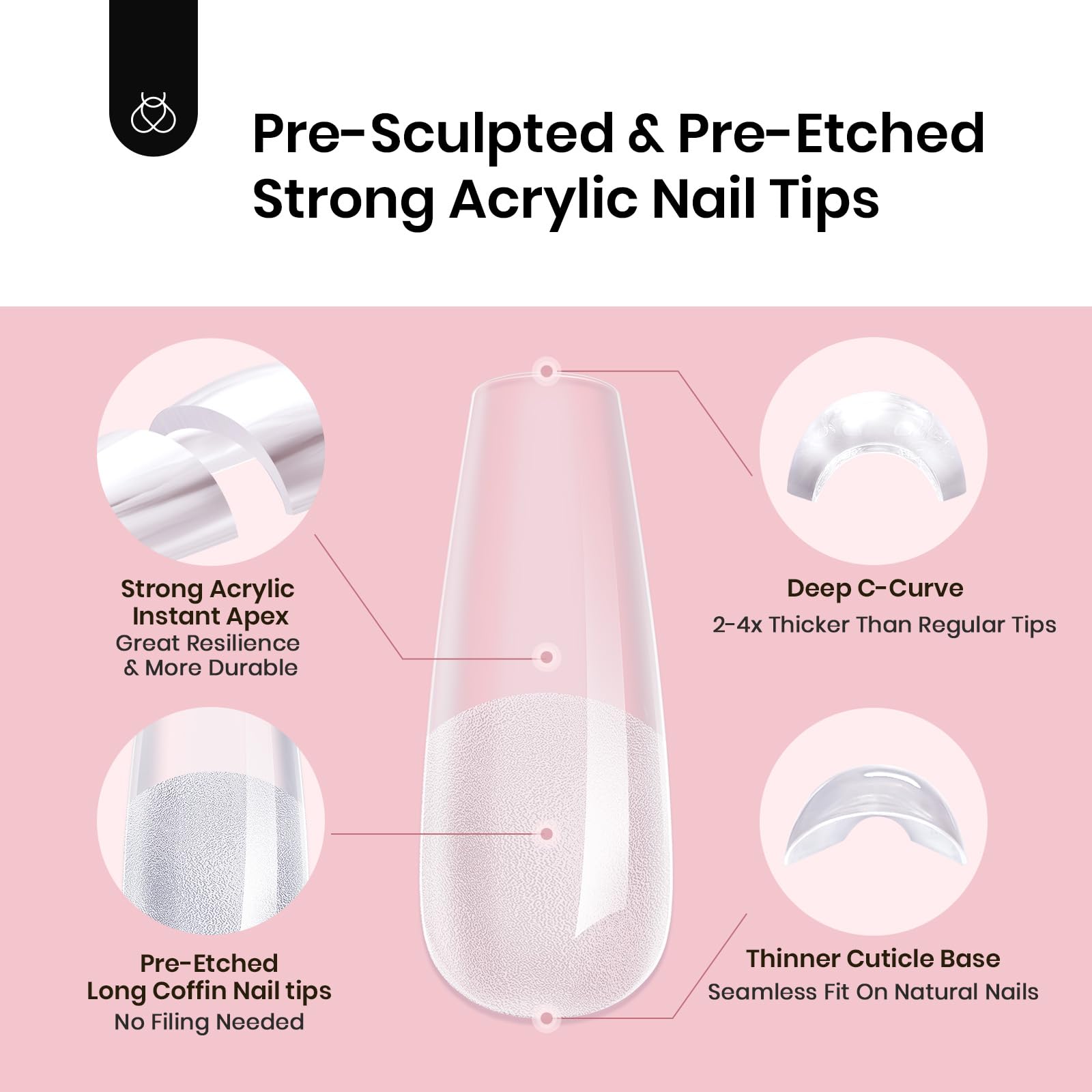 Beetles Tipex Instant Apex Nail Tips - 480Pcs Pre-Built & Pre-Etched Gel Nail Extensions | Durable Thick Clear Acrylic Full Cover Long Coffin Fake Nails for Flat Nails | Perfect for Salon, DIY Manicures & Nail Art Designs