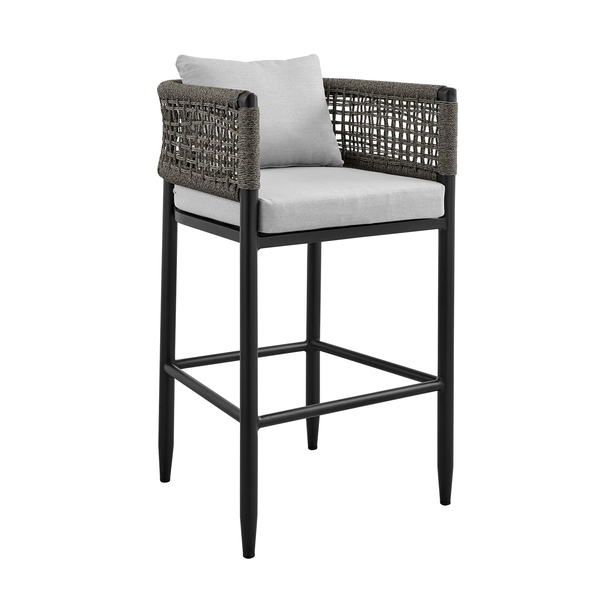 Armen Living Alegria Outdoor Patio Counter Height Bar Stool - Aluminum Frame with Grey Rope & Cushions - Perfect for Backyard, Deck, and Poolside Dining