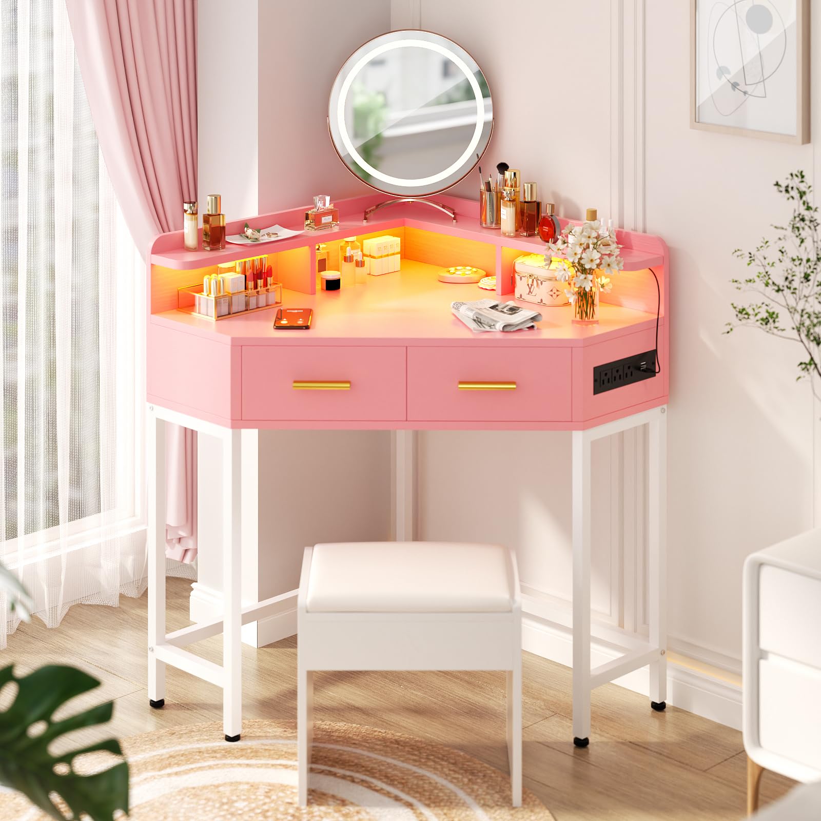 Cyclysio Pink Triangle Corner Desk with LED Lights & USB Charging Station - Small Space Computer Desk for Bedroom, Home Office, Makeup Vanity with Storage Drawers - Perfect for Gaming, Studying & Beauty Routines