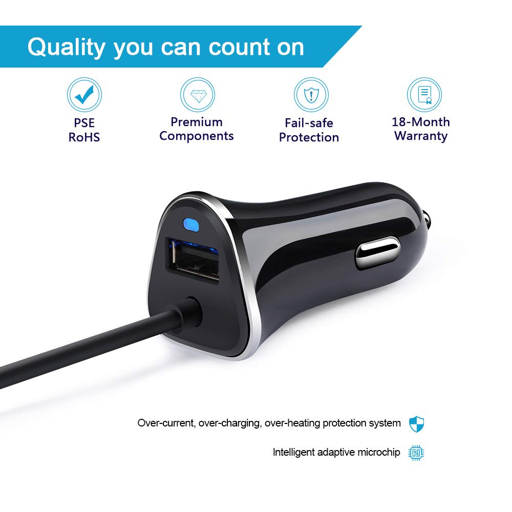 Fast Charging USB Type C Car Charger 3.4A with 3ft Cable - Compatible with Samsung Galaxy S23/S22/S21/S20, Note 20/10, LG G8/G7/V60 & More - Perfect for Road Trips & Daily Commuting