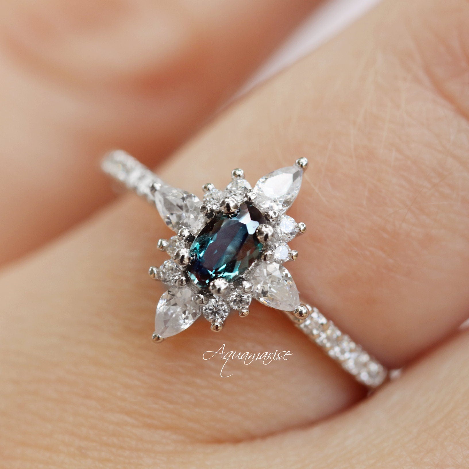 Starburst Alexandrite Engagement Ring 14K White Gold - Elegant Wedding Band for Women, Unique Gemstone Jewelry for Proposals & Anniversaries