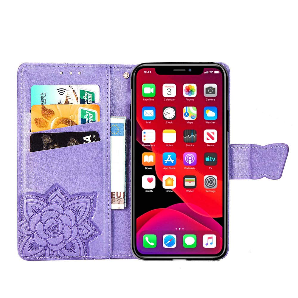 Shockproof Leather Flip Wallet Case for iPhone 11 (6.1 Inch) - Glitter Bling Diamond Butterfly Design with Card Holder & Stand | Crystal Lavender Protective Cover for Women | Perfect for Daily Use, Travel & Office