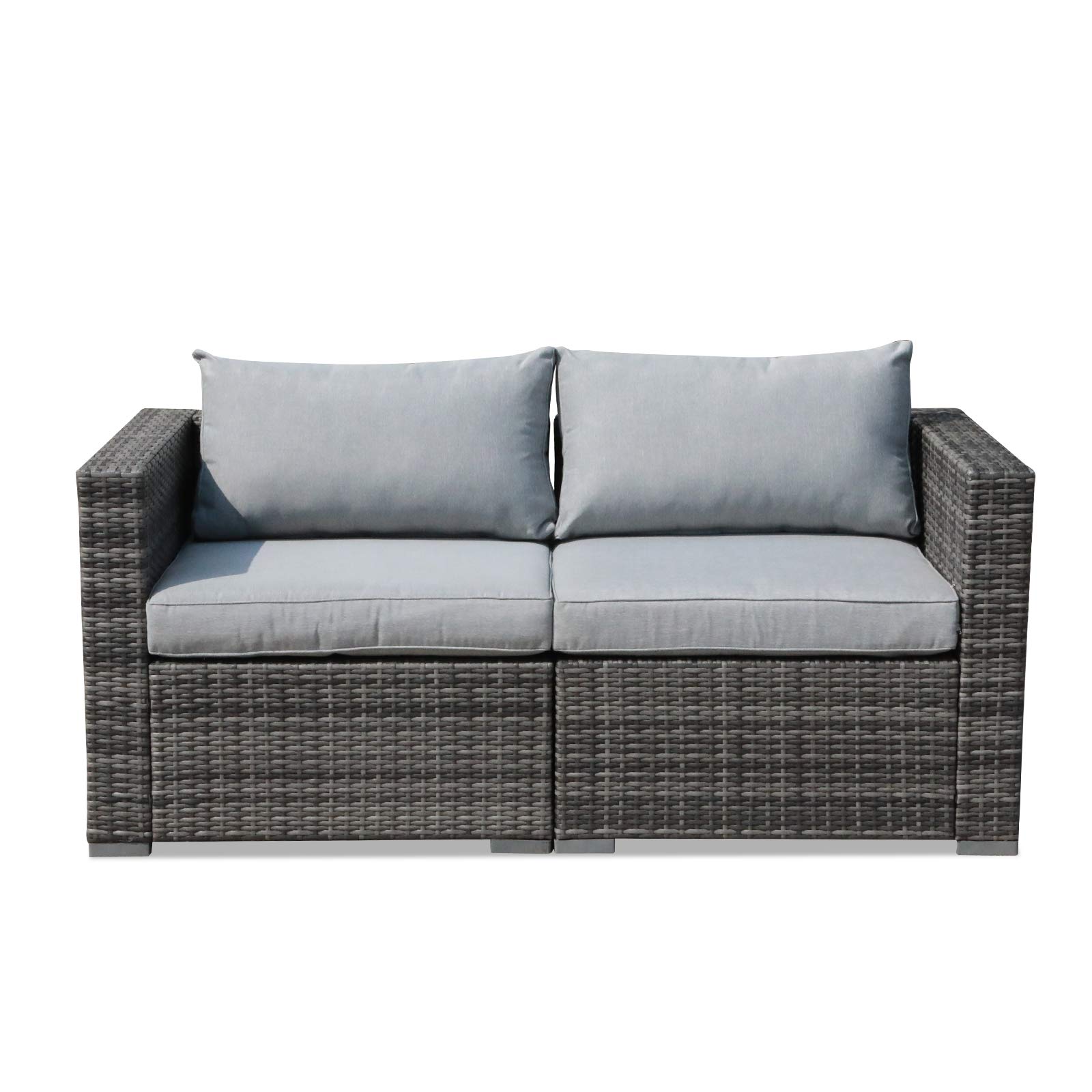All-Weather Grey PE Rattan Outdoor Loveseat Set - 2-Piece Wicker Sectional Sofa with Light Grey Cushions | Patiorama Corner Sofa for Patio, Garden & Poolside Relaxation