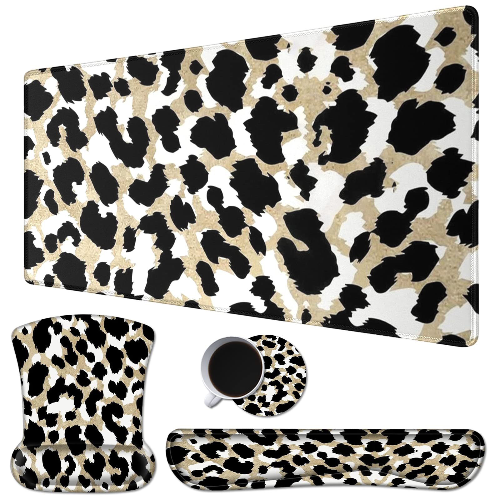Premium Gaming Mouse Pad Set with Memory Foam Wrist Rest & Non-Slip Desk Mat - 31.5×11.8 Inch Leopard Print Mousepad for Keyboard & Mouse - Perfect for PC Gaming, Office Work & Home Computer Setup