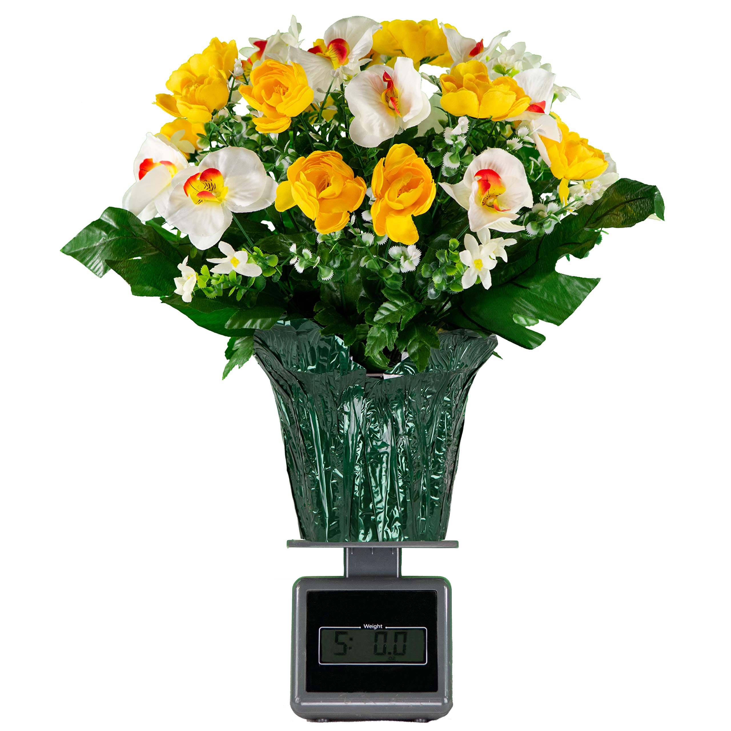 Sympathy Silks Artificial Flowers - Weighted Pot Bouquet Decoration - Fade Resistant Yellow Cabbage Rose & White Orchids - Home, Office & Memorial Floral Arrangement