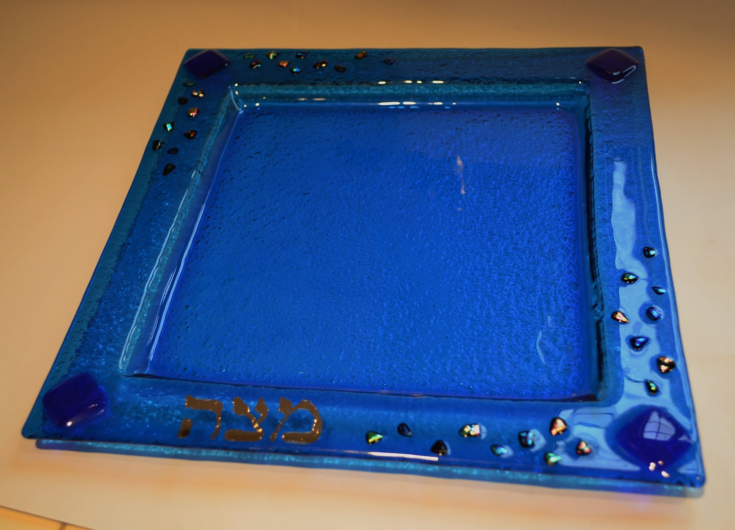 Handmade Blue Dichroic Glass Fused Matzah Plate by YafitGlass - Elegant Passover Seder Tableware for Jewish Holidays & Special Occasions