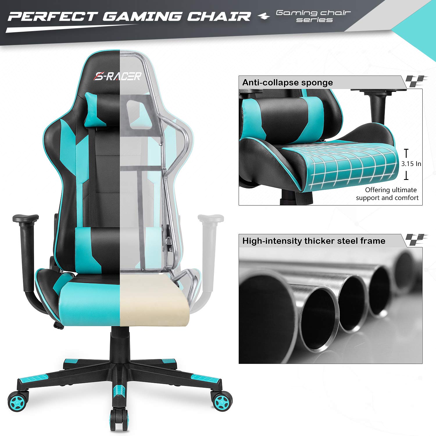 **Furniwell Ergonomic Gaming Chair - High Back PU Leather Office Chair with Adjustable Headrest & Lumbar Support, Swivel Computer Desk Chair for Home & Office Use (Cyan) - Perfect for Gaming, Working & Studying**