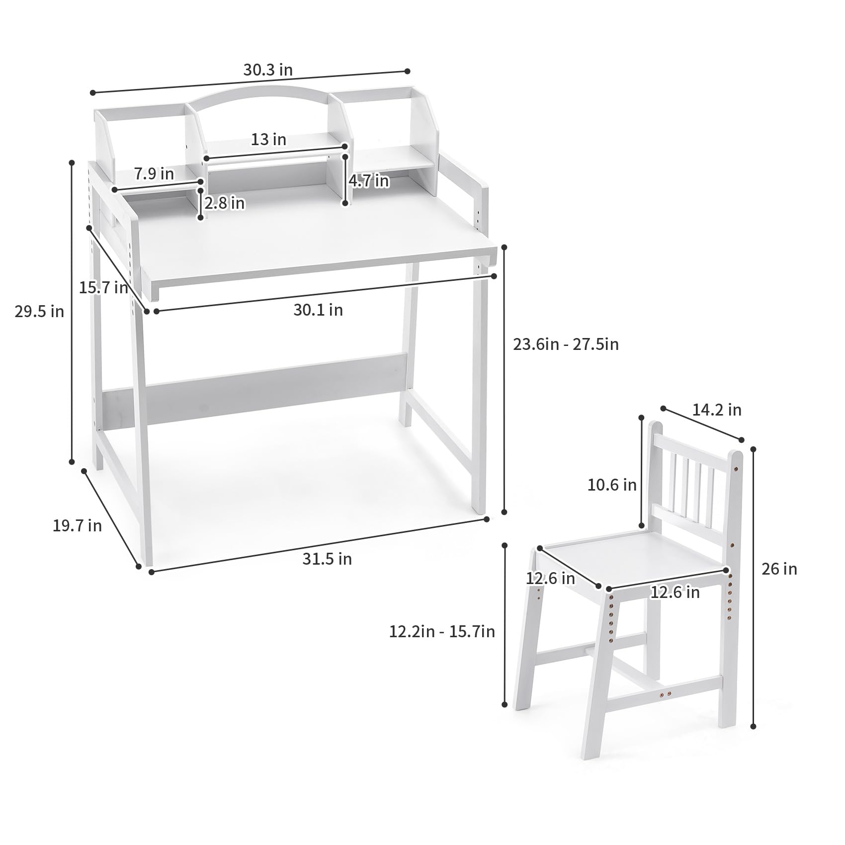 UNICOO Adjustable Height Bamboo Kids Desk and Chair Set - Ergonomic Study Desk for Children, Perfect for Writing, Drawing & Homework - Eco-Friendly & Durable Kids Furniture for Bedroom, Classroom & Homeschooling (White)