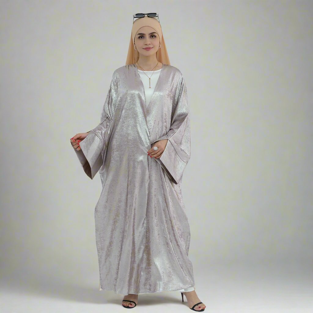 Celine Shimmer Kimono Open Abaya Sand - Elegant Muslim Abaya Dress for Women | Perfect for Eid, Wedding & Special Occasions