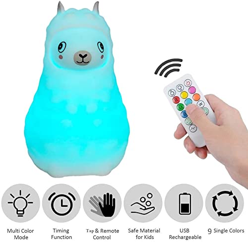 Rechargeable Alpaca Night Light for Kids - Soft Silicone LED Bedside Lamp with Adjustable Brightness & Colors, Touch & Remote Control - Perfect for Nursery, Bedroom, and Sleep Aid