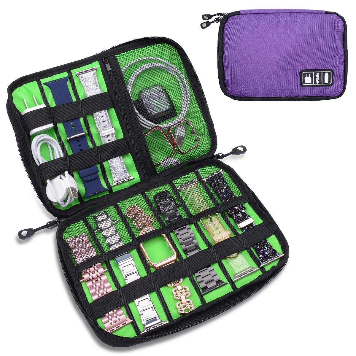 iiteeology Universal Smart Watch Band Storage Organizer Bag - Extra Pockets for Magsafe Charger, Cables, Headphones, USB & SD Cards - Travel Accessories Case (Purple) - Perfect for Travel, Gym & Daily Organization