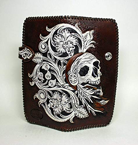 Handcrafted 3D Genuine Leather Biker Wallet for Men - Sheridan Style Skull Design with Hand-Carved & Hand-Painted Details | Custom Personalized Long Leather Wallet for Motorcycle Enthusiasts & Gift Giving