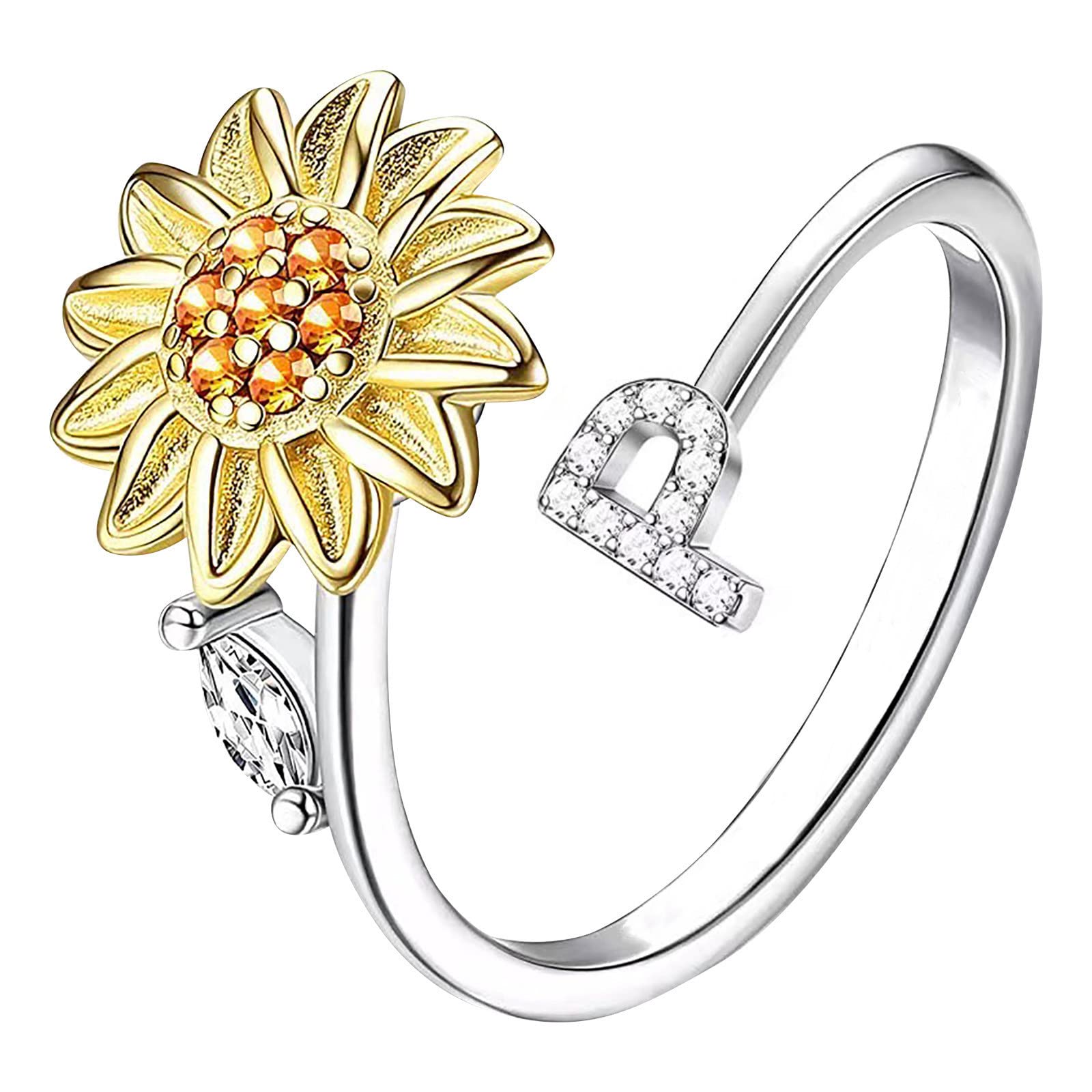 Sunflower Rotatable Letter Ring for Women - 26 Alphabet Charms, Fashion Jewelry Gift for Wife, Girlfriend - Perfect for Birthdays, Anniversaries & Everyday Wear (Size P, One Size)