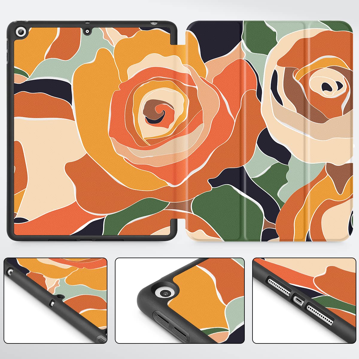 Mektron iPad 10.2 Case for 9th/8th/7th Generation (2021/2020/2019) - Slim Stand Hard Back Shell with Pencil Holder & Magnetic Smart Cover | Auto Wake/Sleep Function | Abstract Rose Design | Perfect for Work, School & Travel Protection