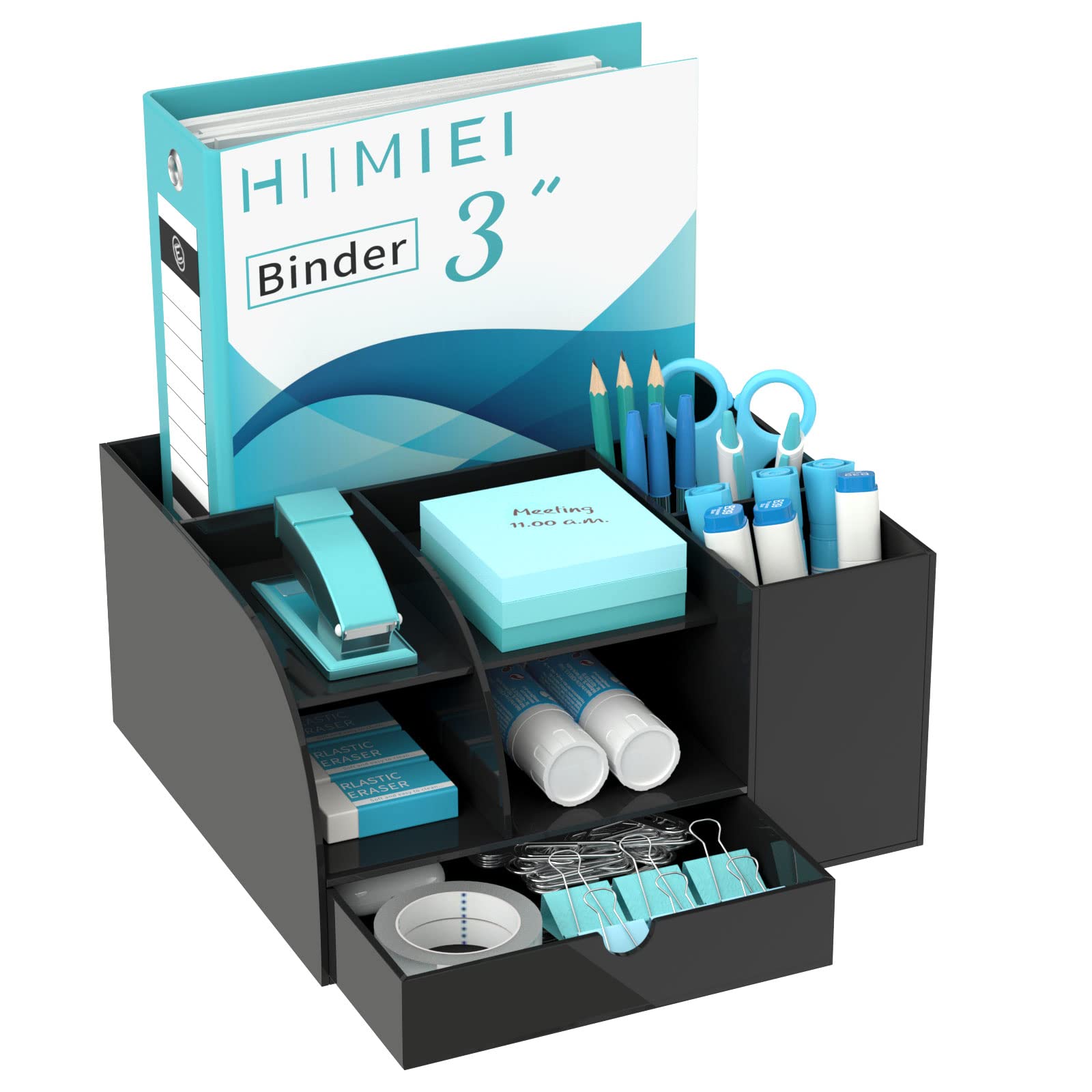 Acrylic Black Desk Organizer with 7 Compartments & 1 Drawer - Office File Holder for Binders, Documents, and School Supplies - Perfect for Home, Office, and Classroom Organization