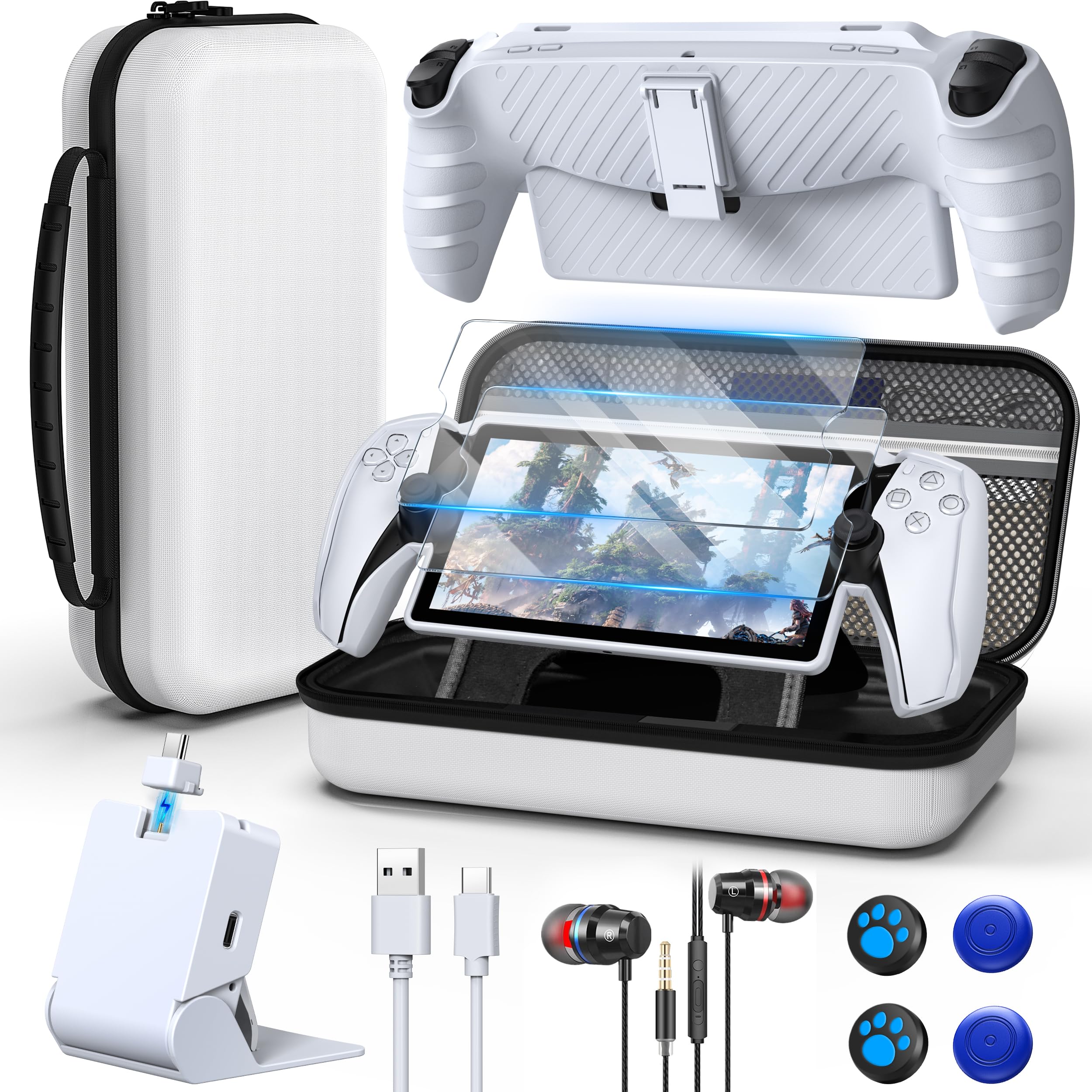 PlayStation Portal Accessories Bundle - Portable Carrying Case, Magnetic Charging Dock for PS5 Portal, Protective Cover, 2 HD Screen Protectors, Wired Headphones & 4 Thumb Grips - Perfect for Gaming On-The-Go & Travel Protection