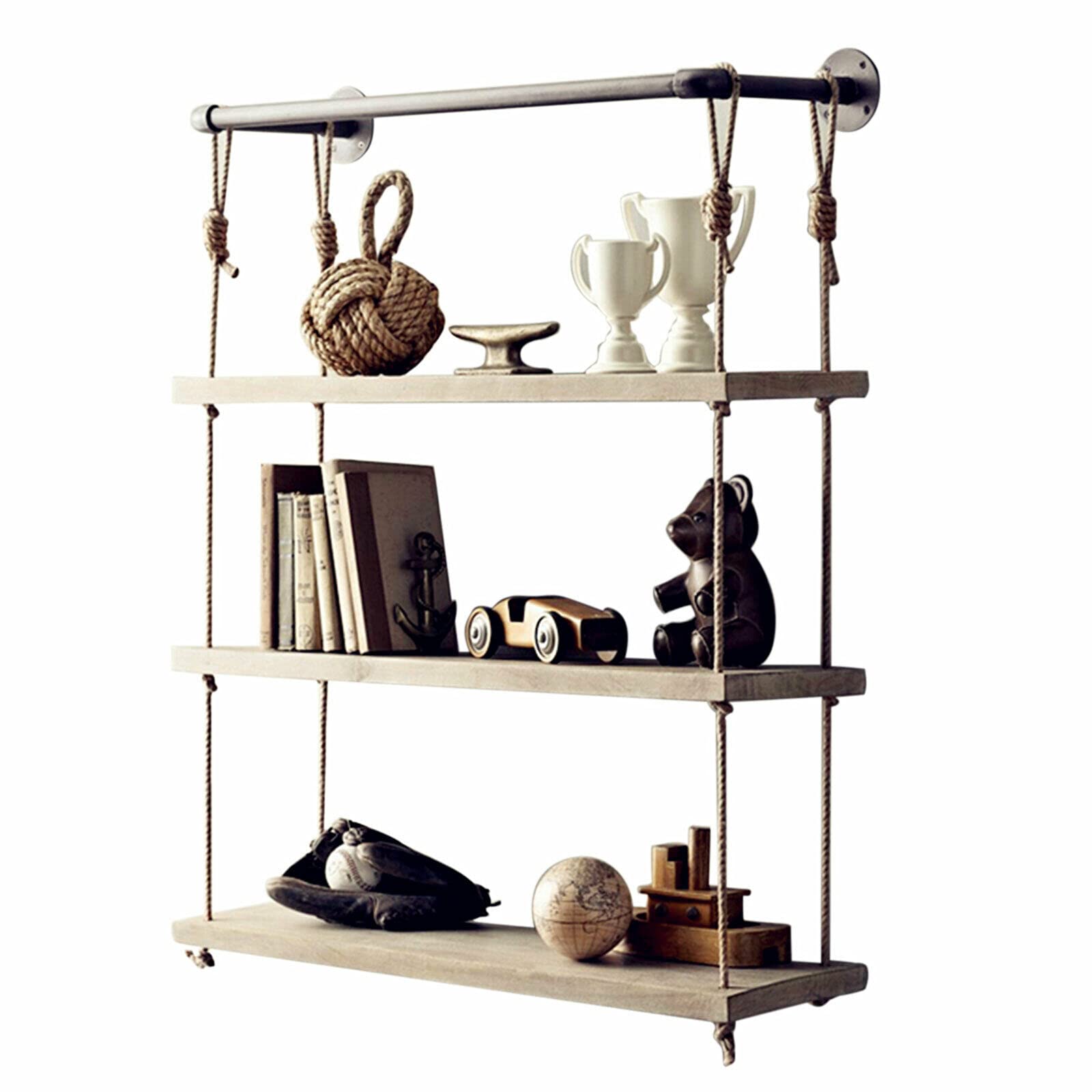 Futchoy 3-Tier Hanging Wall Shelves - Boho Floating Wood Shelves for Plants Decor, Rustic Farmhouse Window Shelves with Macrame Rope - Perfect for Bedroom, Living Room & Bathroom Organization | Great for Small Space Decor, Plant Display & Home Storage Solutions