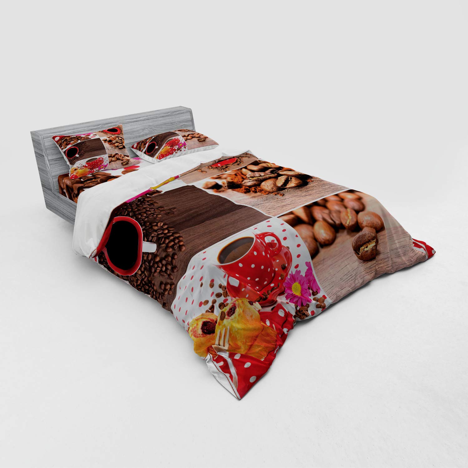 Ambesonne Coffee Lover Duvet Cover Set - 4 Piece Queen Size Bedding with Shams & Fitted Sheet - Brown Red Coffee Mug Polka Dot Floral Design - Perfect for Coffee Shops, Bedrooms & Gift Ideas