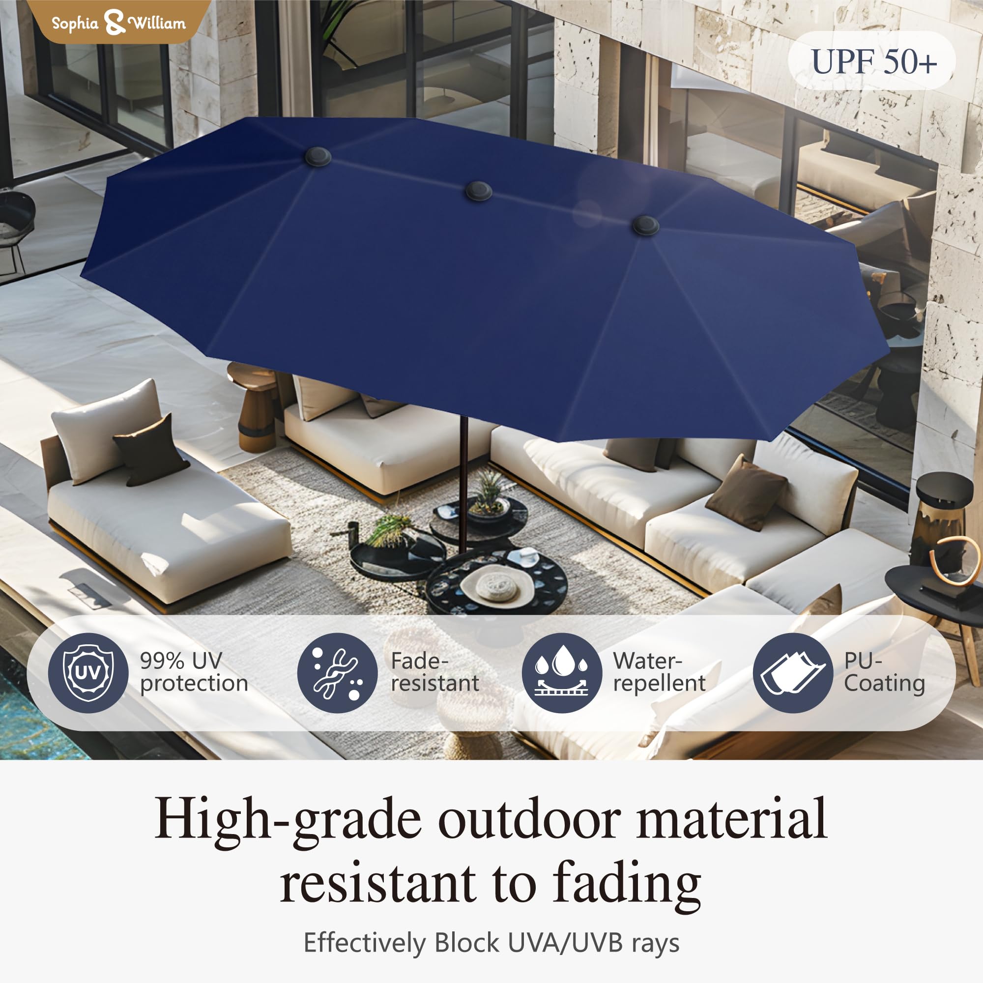 7-Piece Outdoor Patio Dining Set with 13ft Navy Blue Umbrella - 6 Folding Chairs & Rectangular Metal Table - Perfect for Backyard, Garden, Poolside & BBQ Gatherings