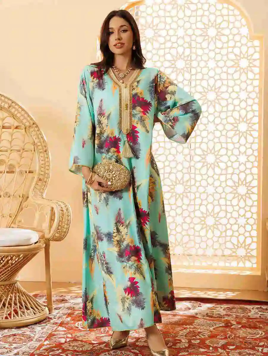 Elegant Hotfix Rhinestone Printed Eid Caftan Dress for Women - Perfect for Eid Celebrations, Weddings & Special Occasions