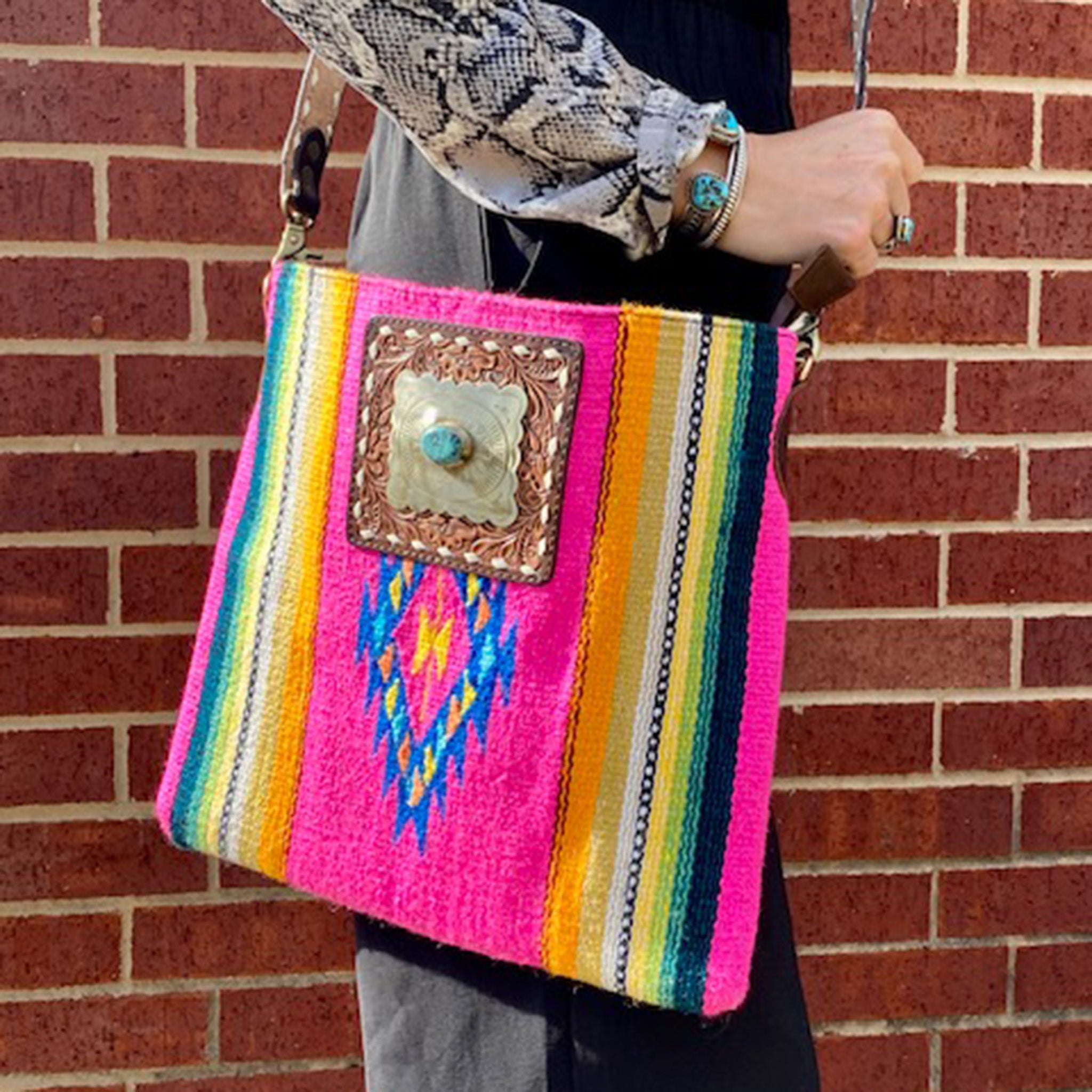 American Darling Pink Serape Saddle Blanket & Concho Crossbody Bag - Western Style Equestrian Accessory for Horse Riding, Music Festivals and Boho Fashion