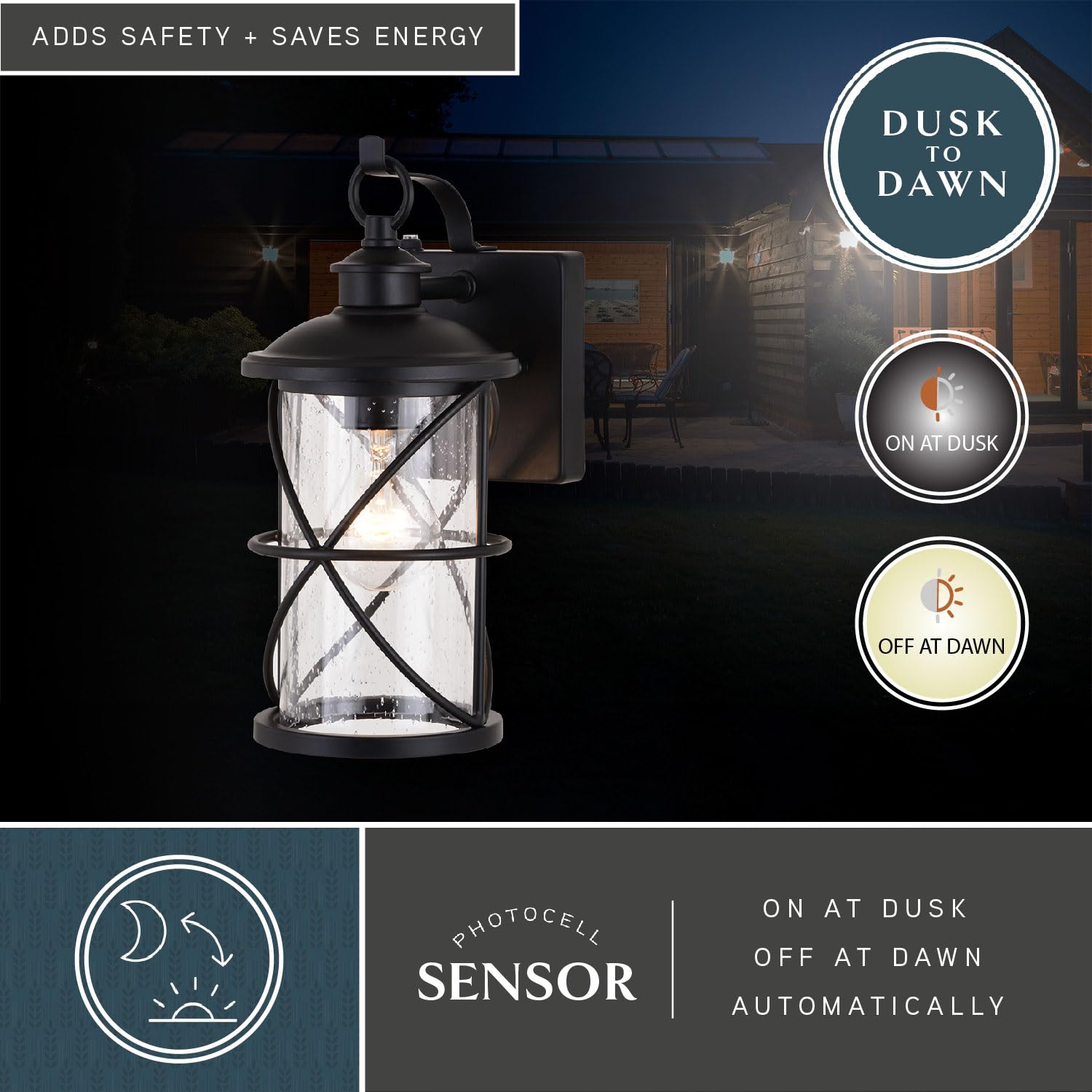 VAXCEL Adams 1-Light Black Outdoor Wall Lantern with Clear Glass & Dusk to Dawn Sensor - Weatherproof Exterior Light for Porch, Patio, Garage Entryway