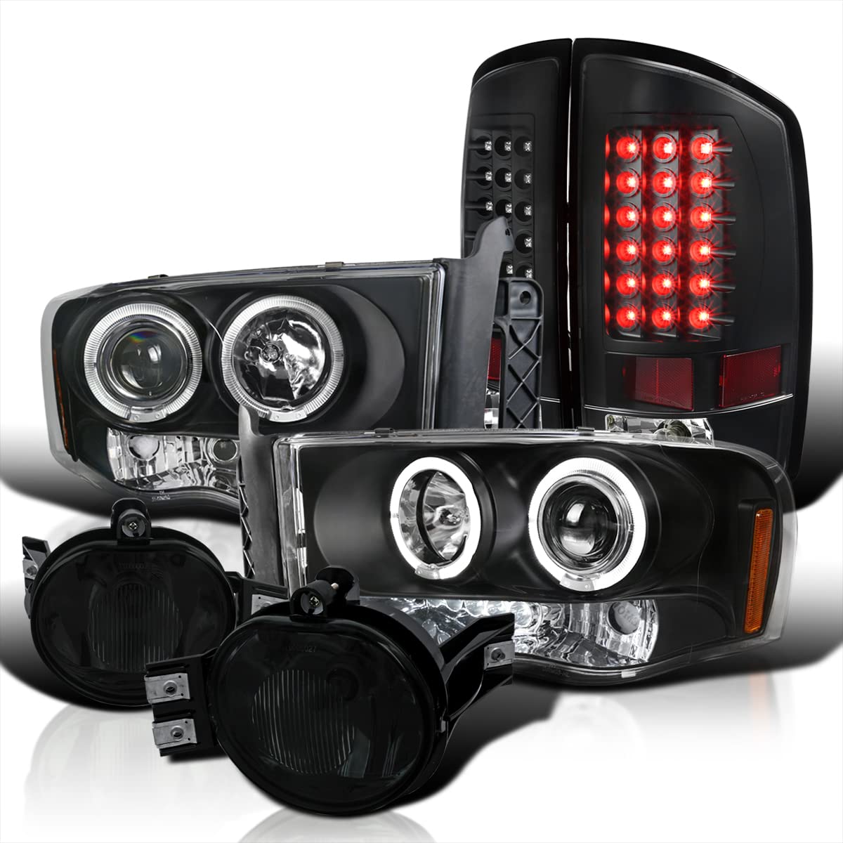Spec-D Tuning Black Projector Headlights + LED Tail Lights + Bumper Fog Lamps Smoke for 2002-2005 Dodge Ram 1500/2500/3500 - Left & Right Pair Headlight Assembly - Upgrade for Night Driving & Off-Roading