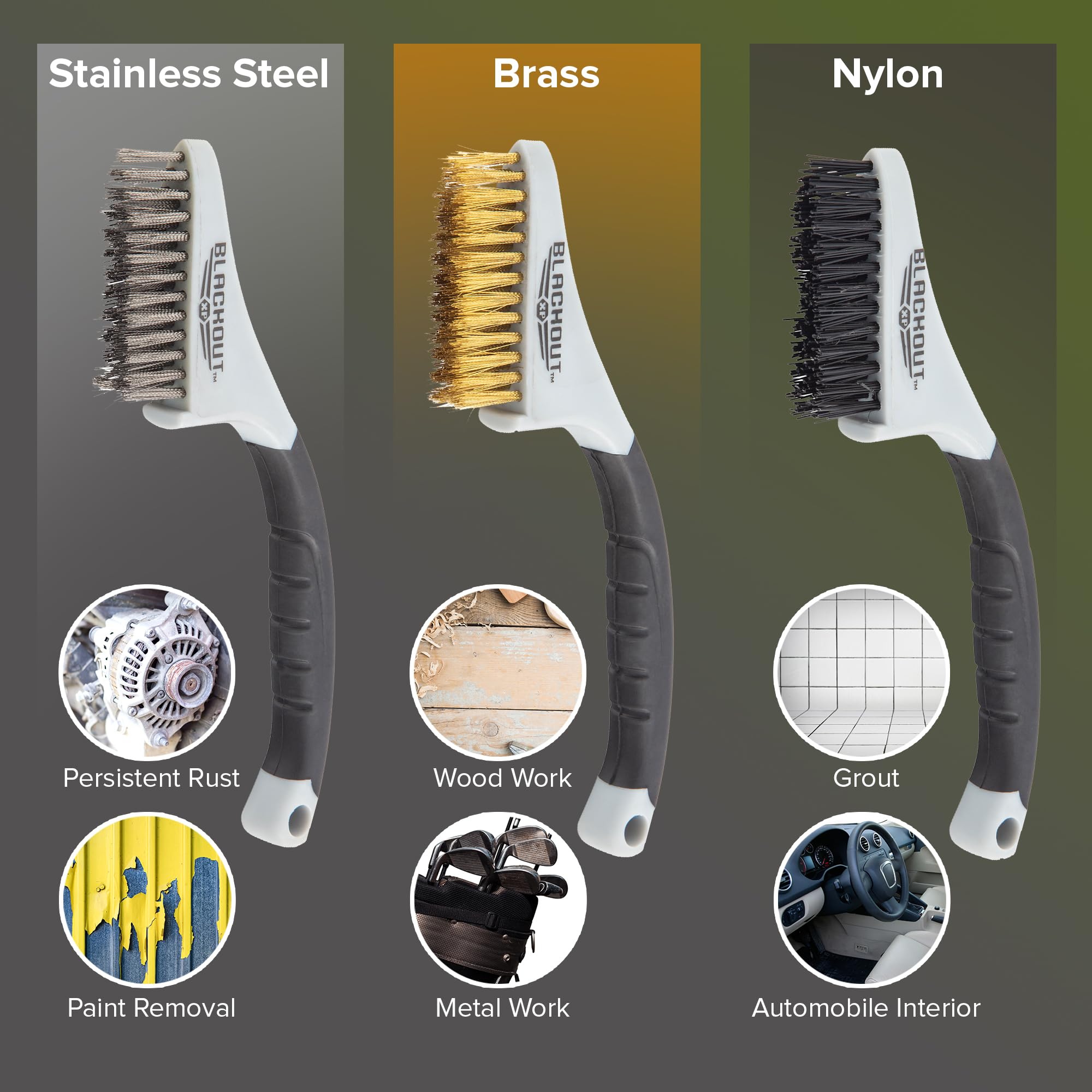 Blackout XP Wire Brush Set - 3 Piece Metal Brush Kit with Nylon, Brass & Stainless Steel for Rust & Paint Removal | Perfect for Auto Repair, Metal Cleaning & DIY Projects