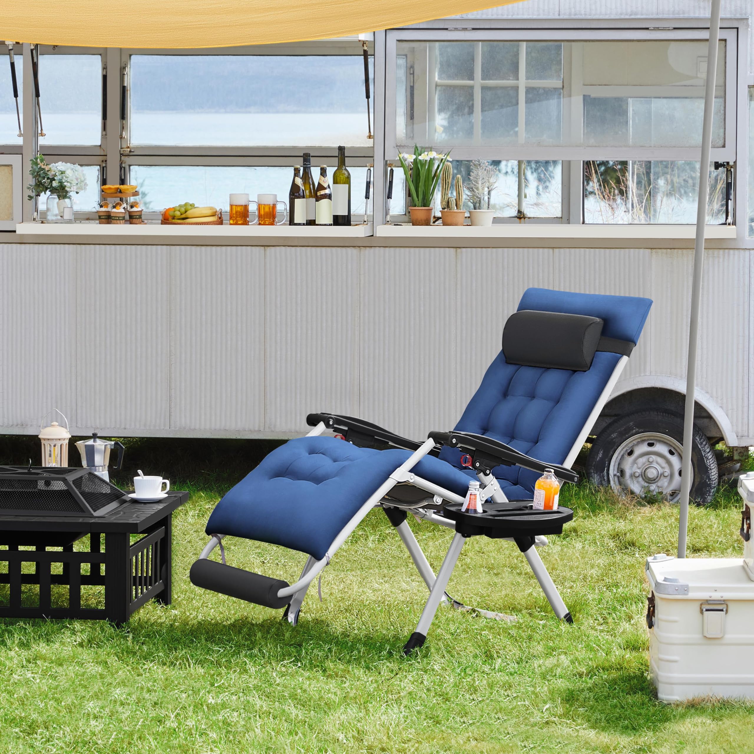 Yaheetech Zero Gravity Lounge Chair - Adjustable Folding Recliner with Removable Cushion, Headrest & Cup Holder - Comfortable Outdoor Patio Furniture for Backyard, Poolside, Beach & Camping - Navy Blue