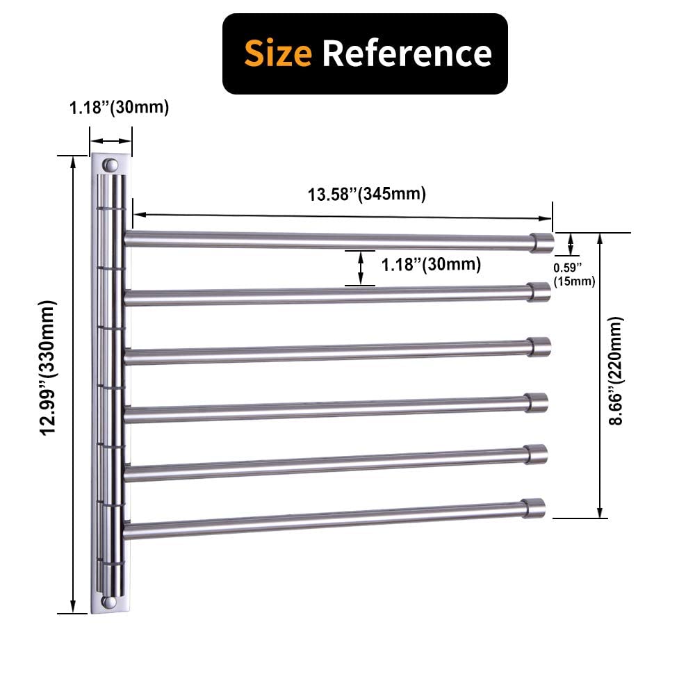 Stainless Steel Swing Out Towel Bar - 6-Arm Folding Towel Rack with Swivel Hanger, Wall Mount Bathroom Organizer for Hand & Kitchen Towels | Polished Finish for Modern Homes (Ideal for Small Spaces & Spa-Style Bathrooms)