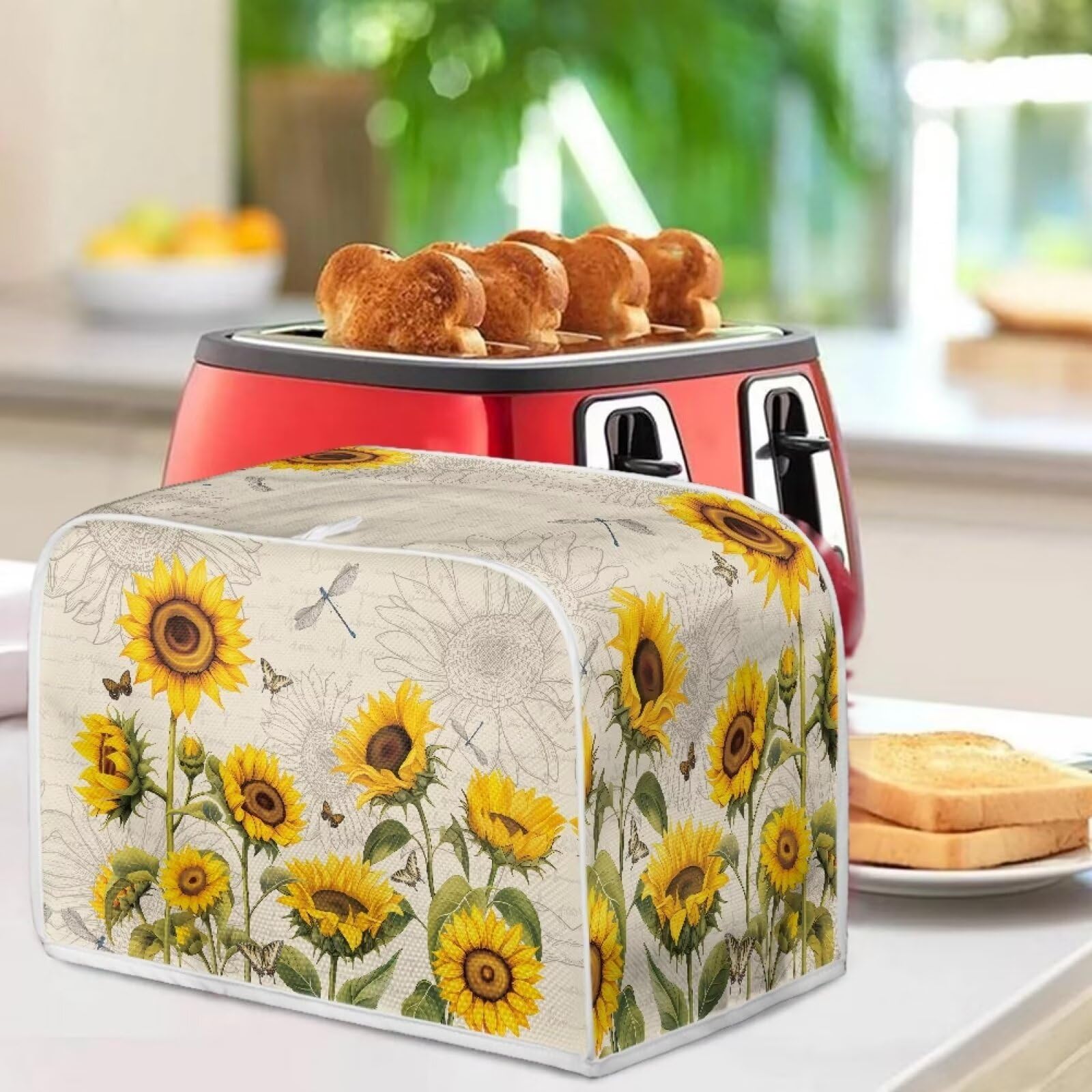 4-Slice Toaster Cover & Bread Machine Cover with Handle - Universal Kitchen Appliance Dust Cover - Stain Resistant, Sunflower Dragonfly Retro Design - Perfect for Countertop Protection & Small Appliance Storage