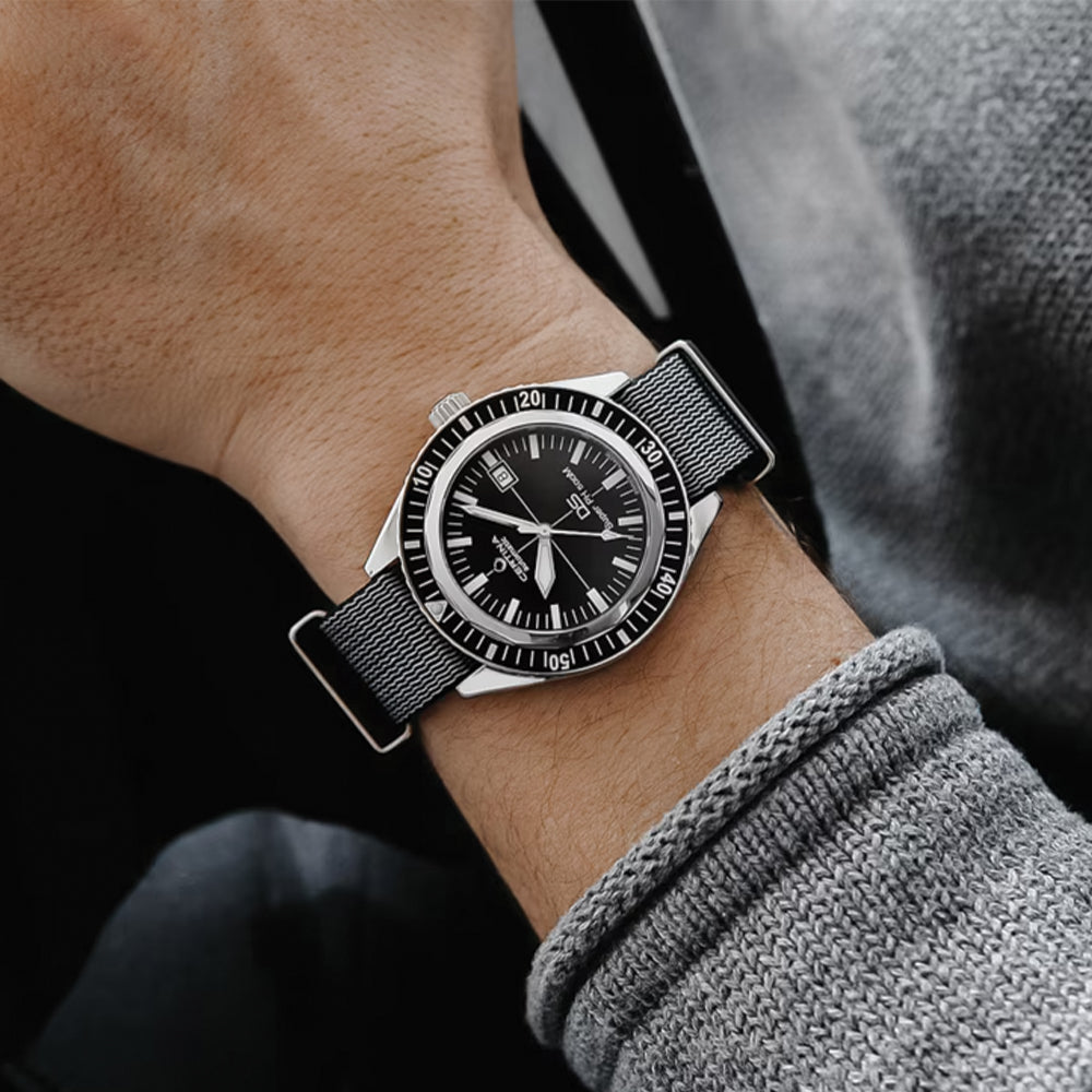 DS Super PH500M 43mm Black Dive Watch with Two-Piece Nylon Strap - Perfect for Scuba Diving, Water Sports & Outdoor Adventures