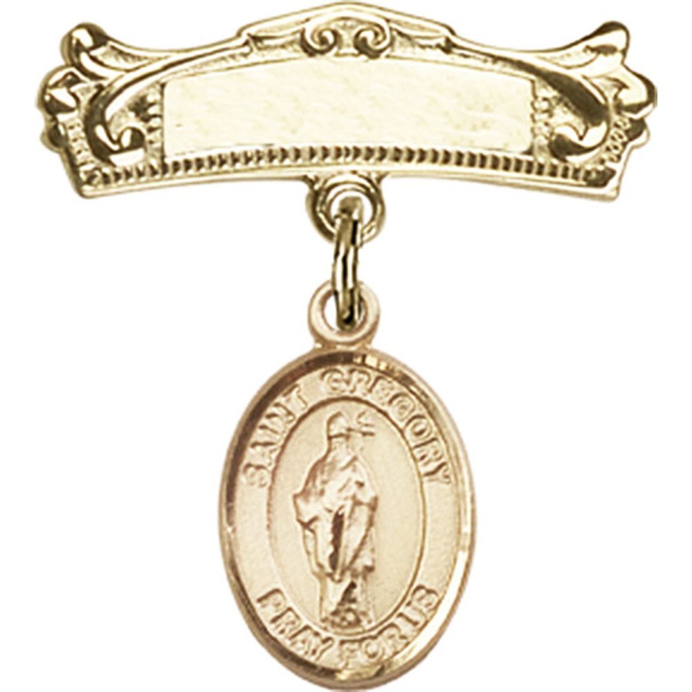 St. Gregory The Great Gold Filled Baby Badge with Charm - 7/8 X 3/4 Inch Arched Polished Pin - Perfect for Christening Gifts, Baby Blessings & Religious Jewelry Collections