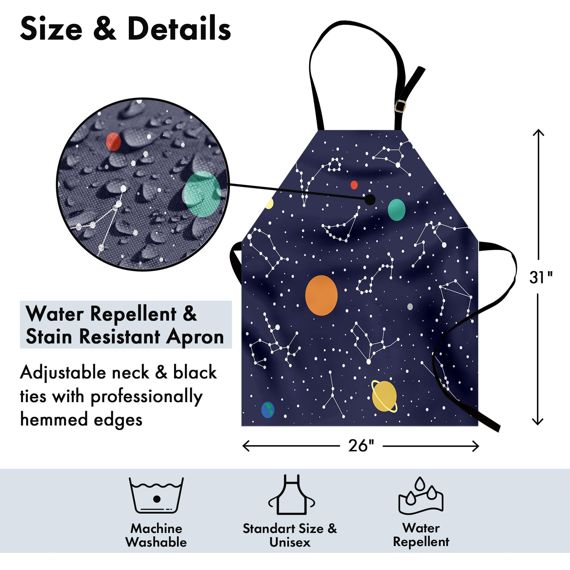 Ambesonne Constellation Apron - Zodiac & Planets Galaxy Print Kitchen Apron for Cooking, Baking, Gardening | Adjustable Neck Unisex Bib Apron with Colorful Universe Science Design | Perfect for Home Chefs, BBQ Parties & Astronomy Enthusiasts