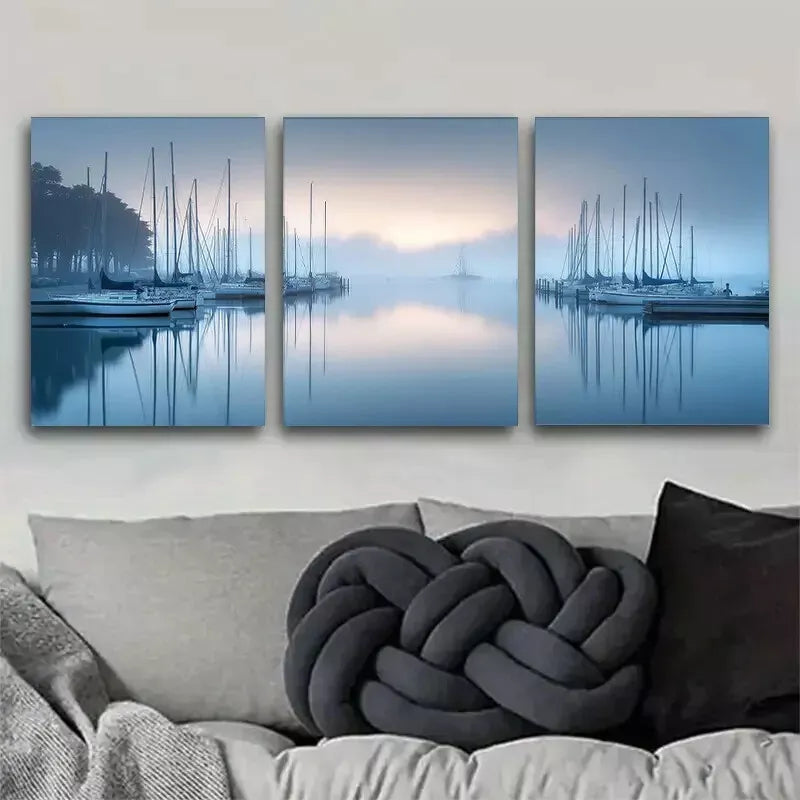 3-Piece Serene Sailing Boats in Misty Morning Canvas Art Set - 50x70cm Framed Wall Decor | High Quality Australian Made Print | Ready to Hang | Perfect for Living Room, Bedroom & Office Decor