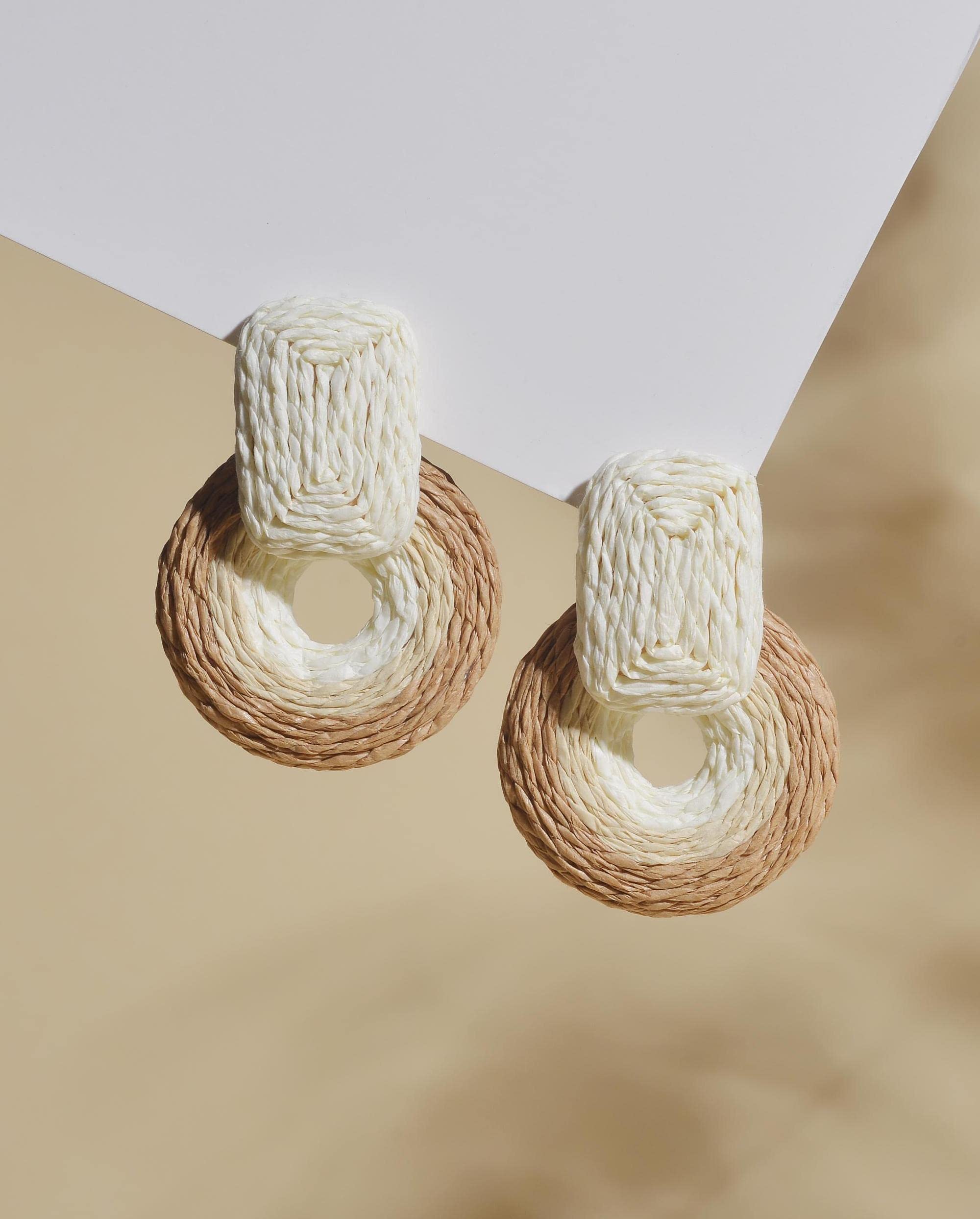 Boho Raffia Round Earrings - Handmade Wicker Drop Dangle Earrings for Women | Natural Rattan Straw Statement Jewelry | Perfect Gift for Women & Girls | Great for Summer Festivals, Beach Vacations & Boho Fashion