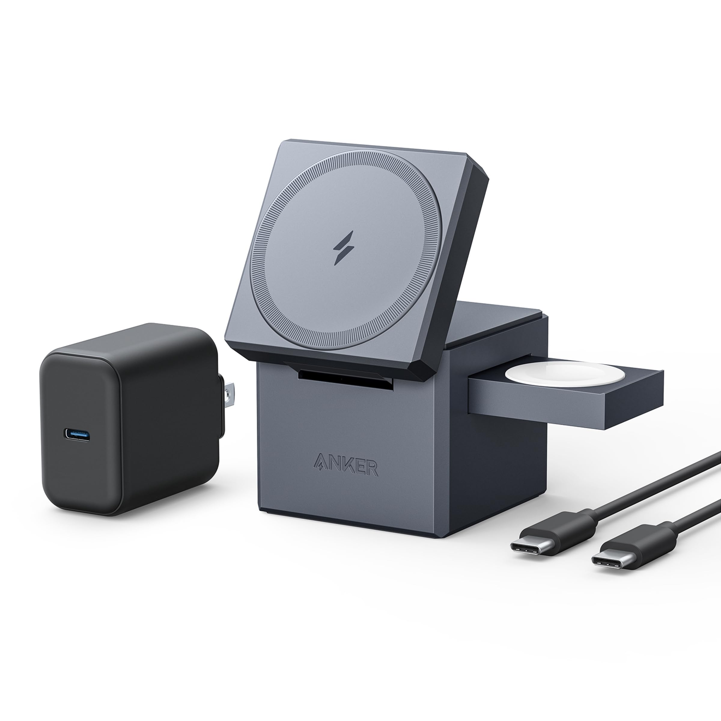 Anker 3-in-1 MagSafe Wireless Charging Stand - 15W Fast Charger for iPhone 16/15/14/13, Apple Watch & AirPods | Foldable Cube Design with Included Power Adapter | Perfect for Bedside, Office & Travel Charging