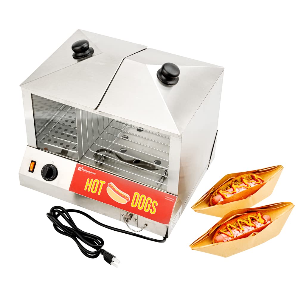 Restaurantware Hi-Tek Hot Dog Steamer & Bun Warmer - Commercial 120V Stainless Steel Food Truck Appliance (1300W, Holds 100 Hot Dogs & 48 Buns) - Perfect for Concession Stands, Stadiums, and Outdoor Events