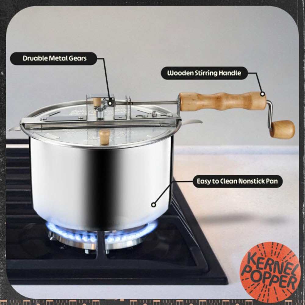 Great Northern Popcorn 6-Quart Stovetop Popcorn Maker - Aluminum Popcorn Popper with Hand Crank, Vented Lid & Stir Paddle for Movie Nights, Parties & Snack Time (Silver)
