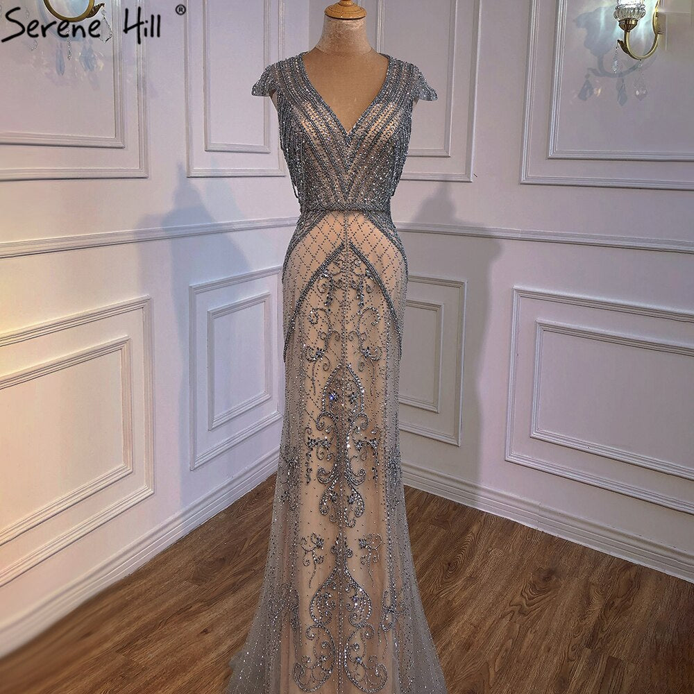 Elegant Grey Nude Mermaid Evening Gown with Beading & Backless Design - Luxury Women's Party Dress for Prom, Gala & Special Occasions - Serene Hill Collection LA70799