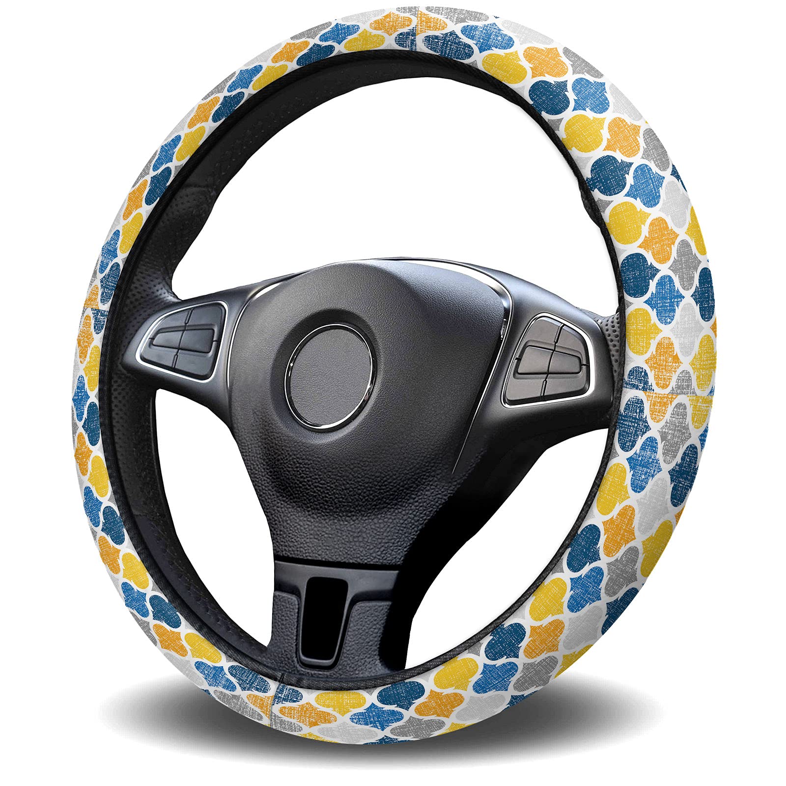 Geometric Moroccan Pattern Universal Steering Wheel Cover for Women & Men - 15 Inch Custom Car Accessory in Gradient Blue, Yellow, Gray - Perfect for Cars & Trucks | Enhances Grip & Protects Wheel from Wear | Great for Daily Commutes & Road Trips