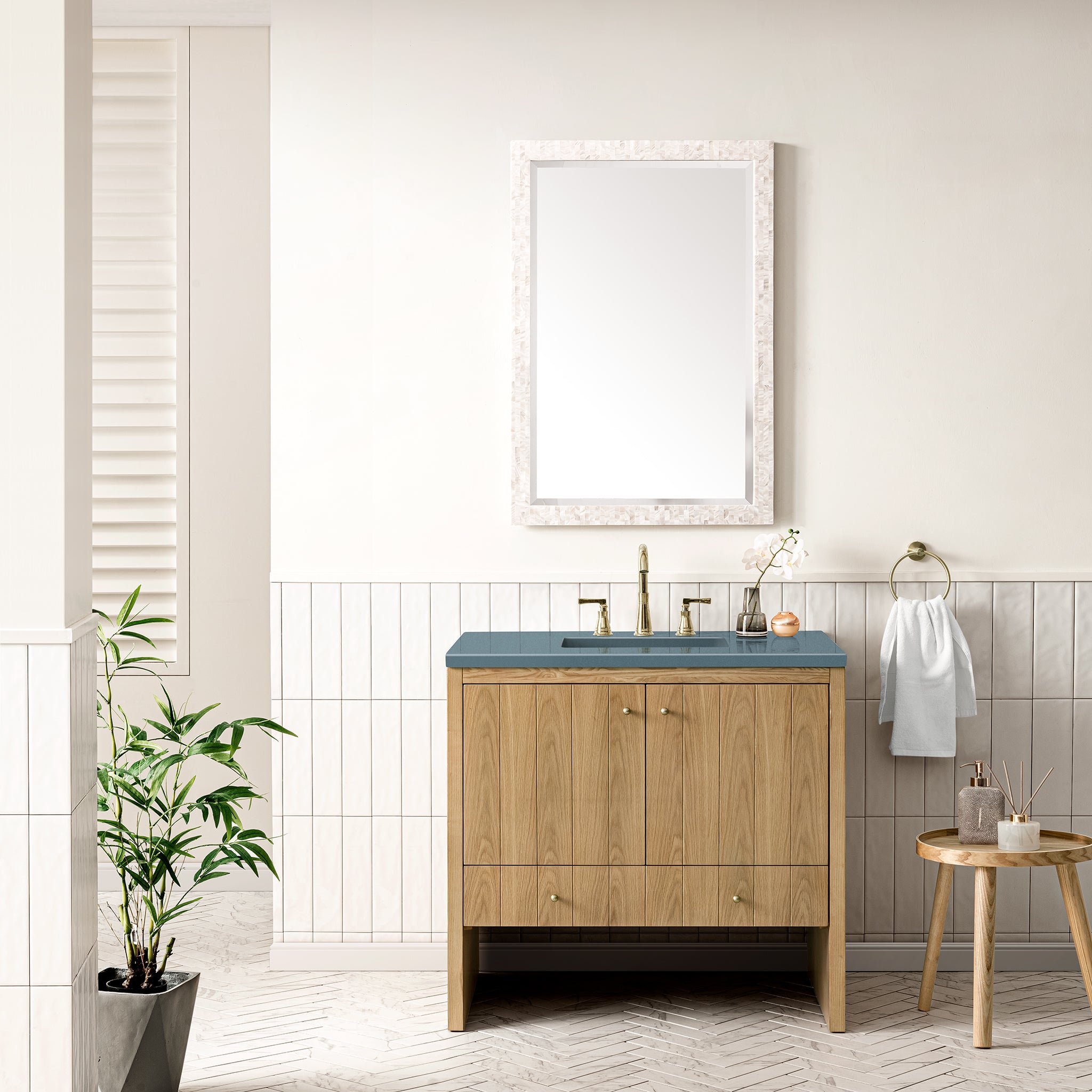 Hudson 36 Inch Single Bathroom Vanity with Light Natural Oak Finish & 3CM Calacatta Blue Quartz Top - Perfect for Modern Home Bathroom Remodeling and Spa-Style Decor