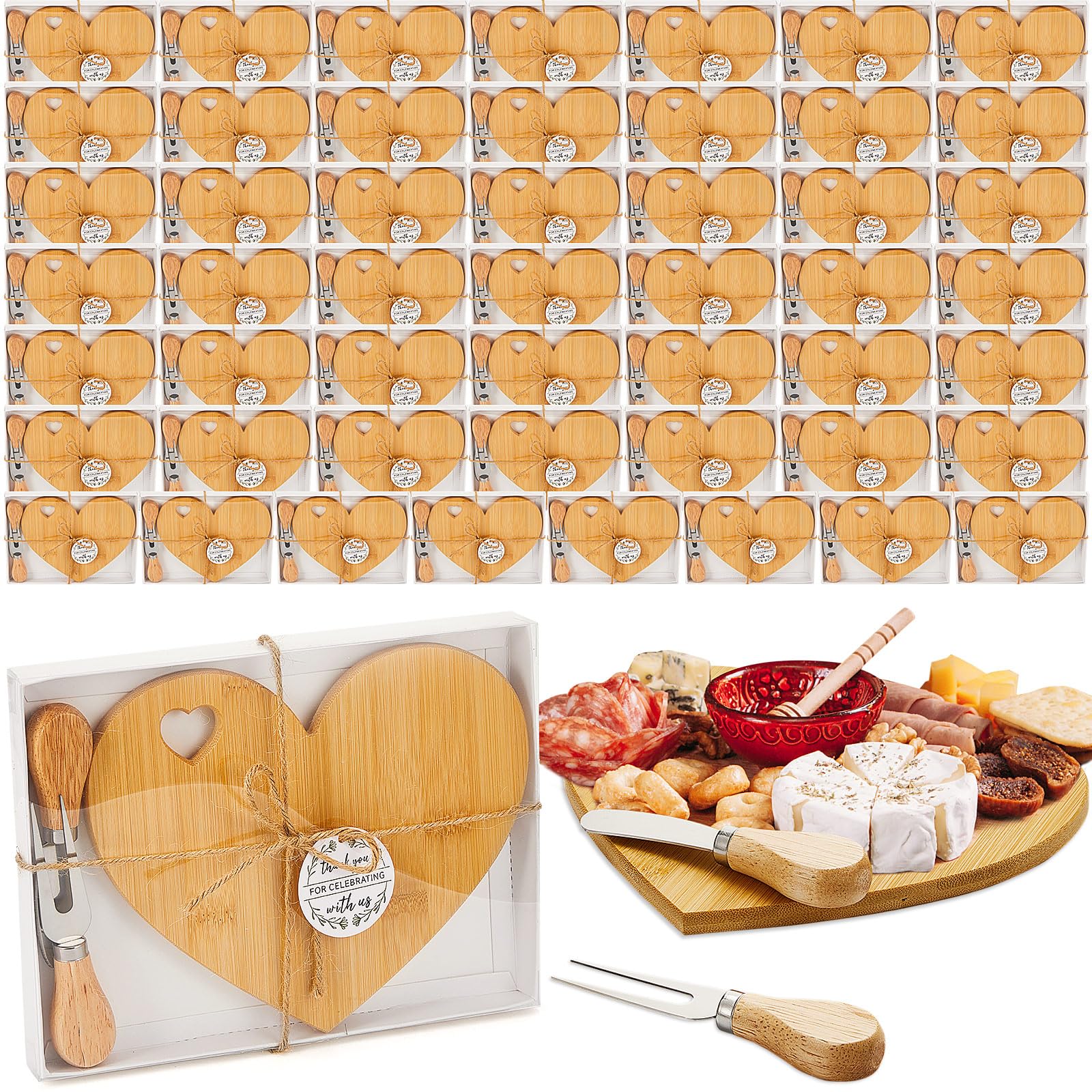 50-Piece Heart-Shaped Wooden Cheese Board Set with Knives - Mini Charcuterie Board for Bridal Shower Favors, Wedding Guest Gifts, Baby Showers, Birthdays & Valentine's Day - Bamboo Color (Perfect for Cheese Platters, Charcuterie Displays & Party Decor)
