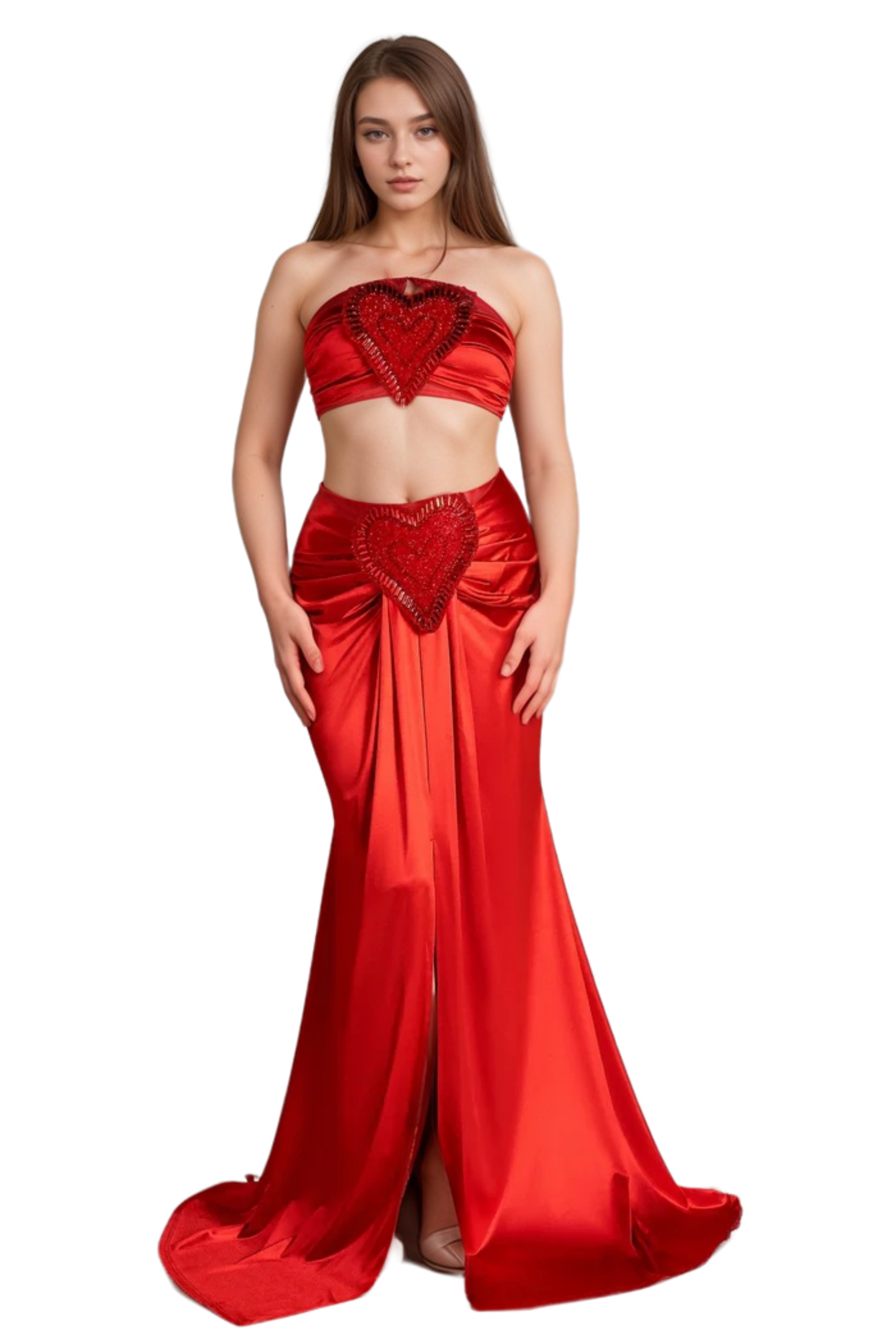 Antonia Mesi Halter Neck Heart Embellished 2 Piece Set - Women's Sexy Crop Top & Skirt Outfit for Date Night, Party, and Summer Vacation