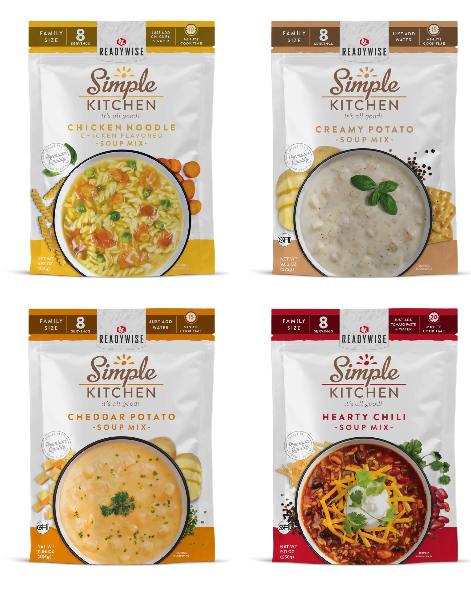 READYWISE - Simple Kitchen Soup Favorites Variety Pack, 8 Servings Per Pouch, Freeze Dried Soup Mix, Family Size MRE, Ready To Eat Meals for Hiking, Backpacking & Emergency Preparedness - Perfect for Outdoor Adventures & Family Camping Trips (Pack of 4)