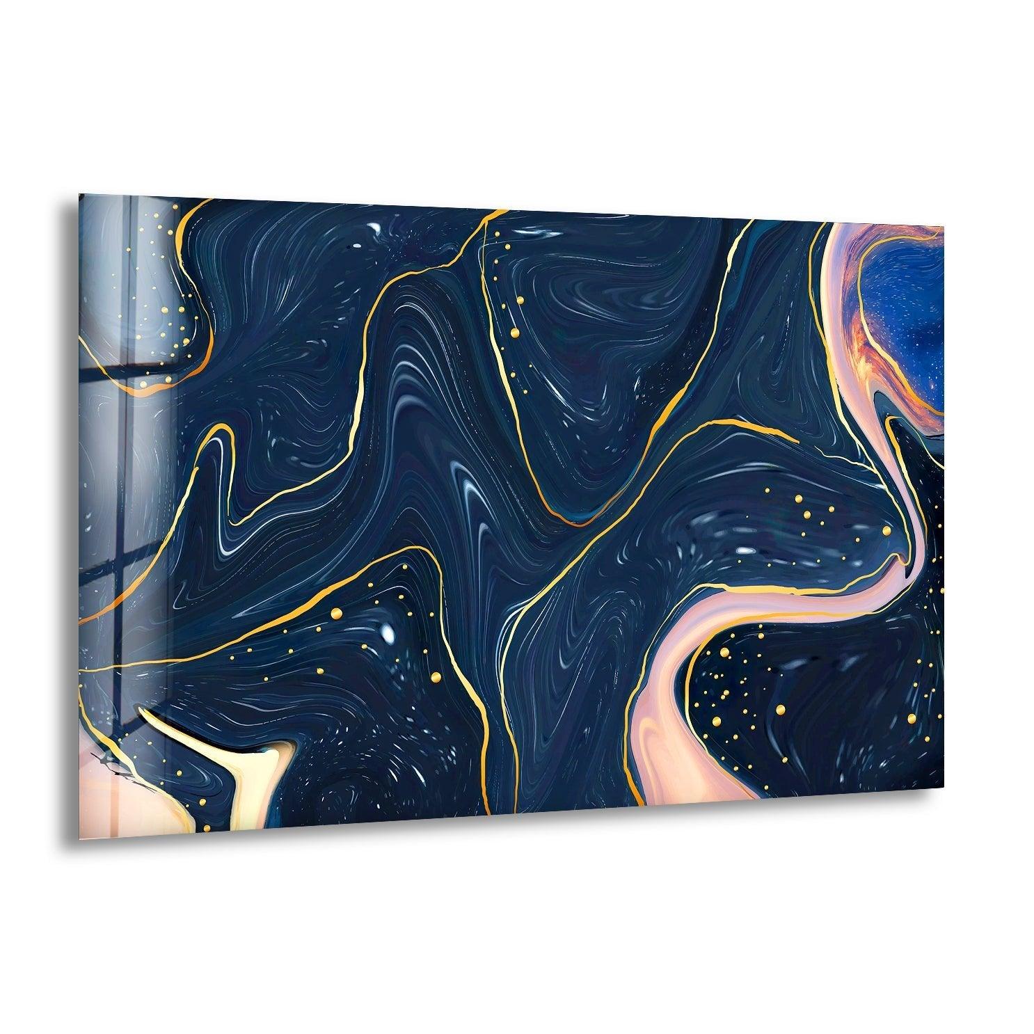 Abstract Dark Blue Glass Wall Art - Modern Handmade Decor for Living Room, Bedroom & Office - Unique Home & Office Decoration