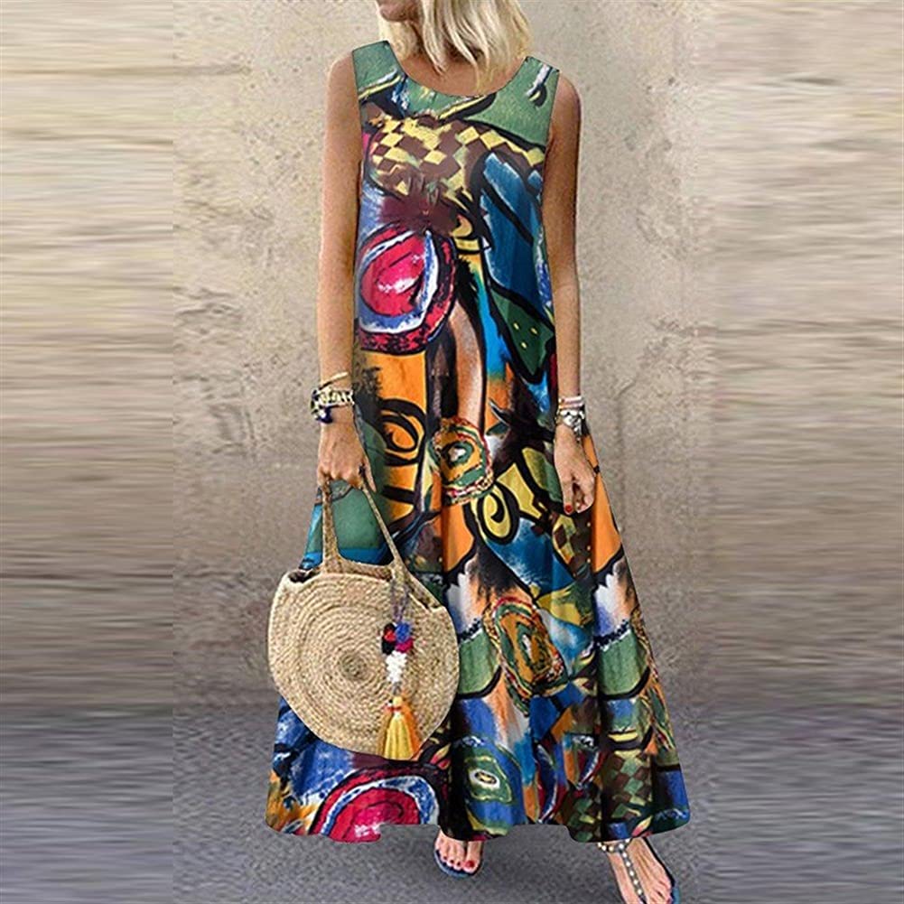 FGNM Women's Pleated Maxi Dress - Flowy Long Printed Tunic with 3/4 Sleeve for Summer & Autumn | B Green Sleeveless Small | Perfect for Beach Vacations, Date Nights & Casual Outings