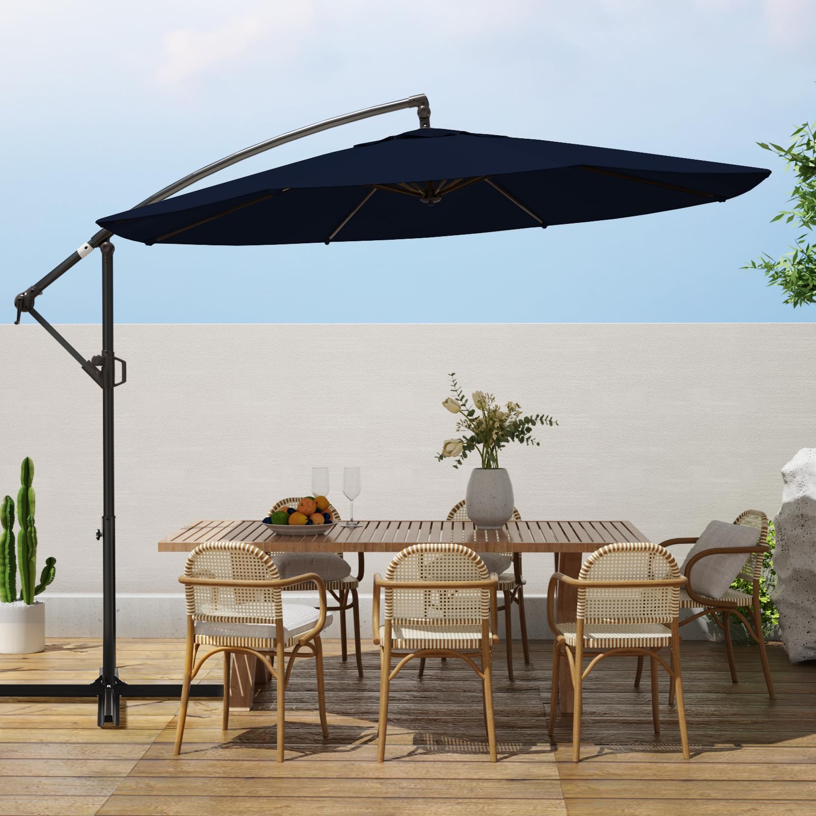 **WikiWiki 10ft Offset Patio Umbrella - Cantilever Outdoor Hanging Umbrella with Infinite Tilt, Fade & Waterproof Recycled Fabric Canopy, Heavy-Duty Cross Base - Perfect for Backyard, Garden, Deck, Poolside (Navy Blue)**