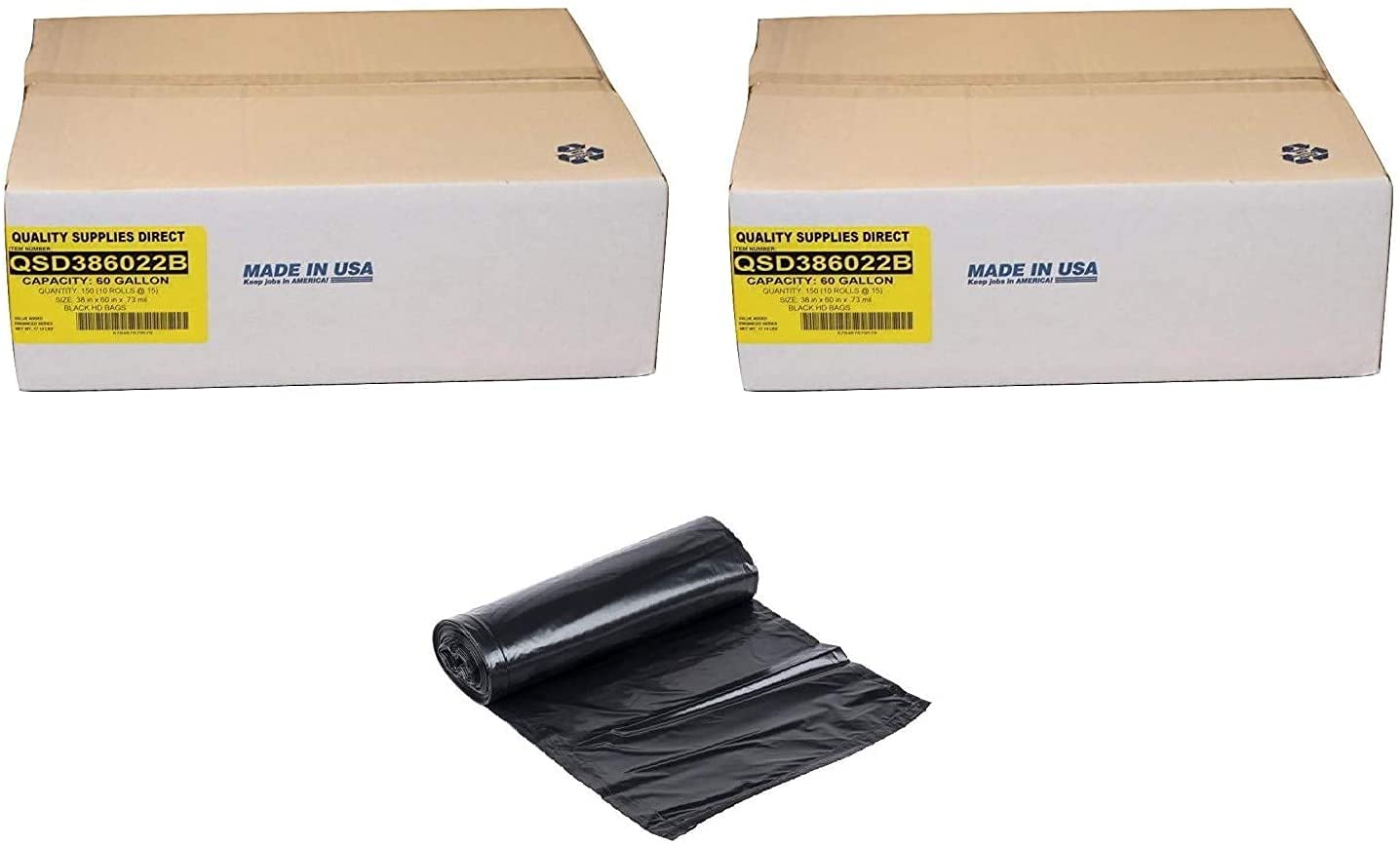 2 Boxes - Heavy Duty 55-60 Gallon Trash Bags (150 Count per Box, 300 Total) - Super High Density Black Garbage Bags for Commercial & Home Use - Ideal for Large Kitchen, Office, and Outdoor Waste Disposal